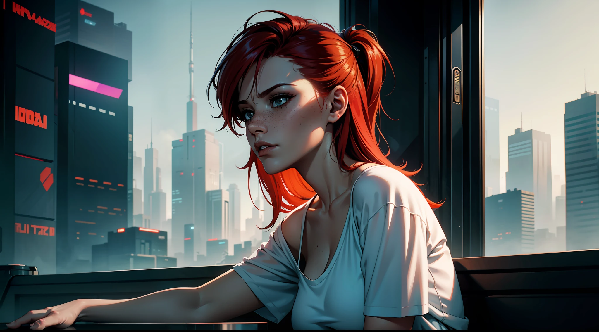 award-winning photo from waist up, portrait of a girl, redhead, freckles is sitting on a balcony, cyberpunk white shirt with V-neckline, breast visible through white T-shirt, slate atmosphere, cinematic, faded colors, dark shot, no sound colors, grainy film, insane details, intricate details, hyperdetailed, close-up, twilight, cyberpunk city background