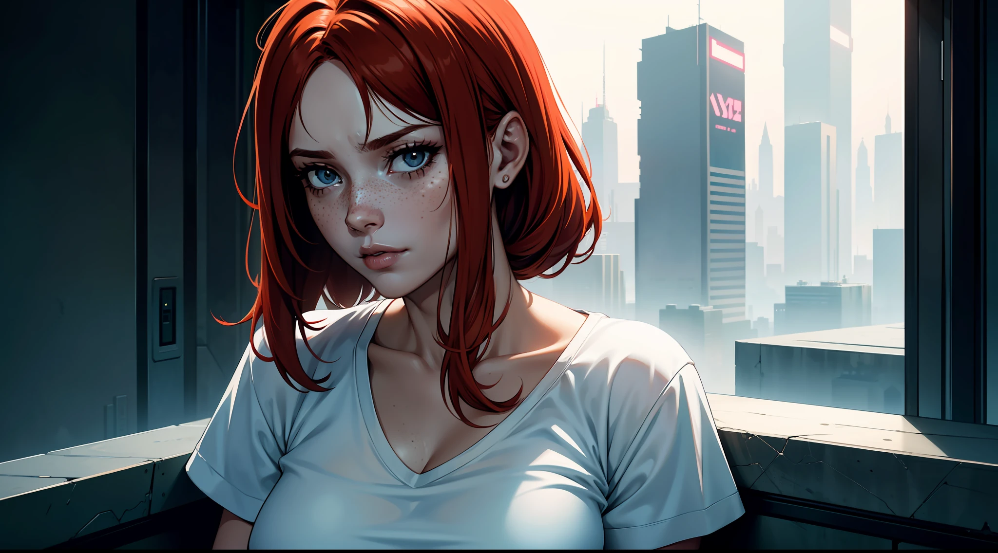 award-winning photo from waist up, portrait of a girl, redhead, freckles is sitting on a balcony, cyberpunk white shirt with V-neckline, breast visible through white T-shirt, slate atmosphere, cinematic, faded colors, dark shot, no sound colors, grainy film, insane details, intricate details, hyperdetailed, close-up, twilight, cyberpunk city background