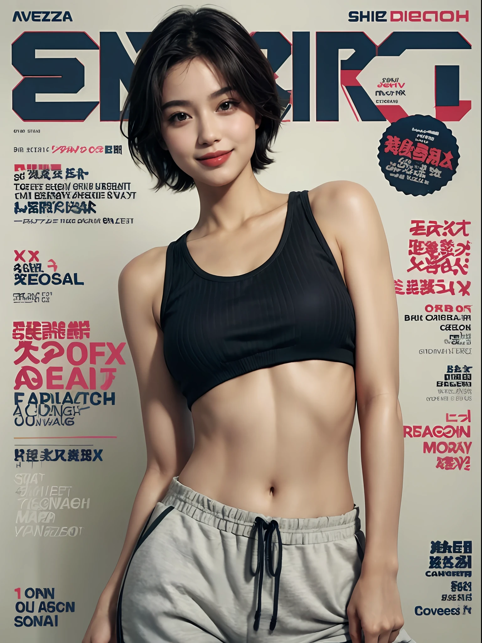 best quality, masterpiece, highres,4k,1girl, smile, short hair,waist up,sport tank top,jogger,(magazine:1.3), (cover-style:1.3)