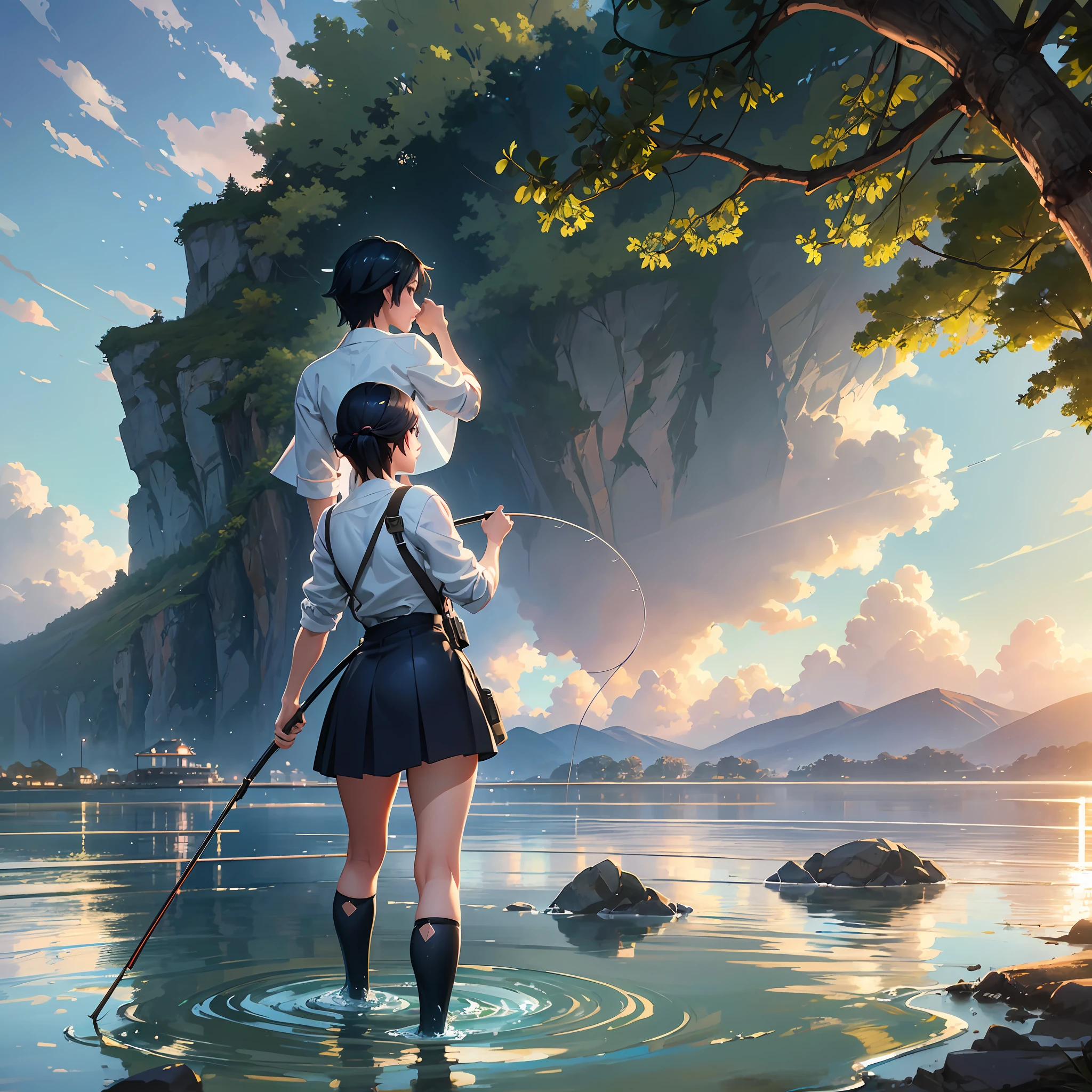 Standing in the water with a fishing rod, woman, enjoying fishing, there is artwork in the style of Makoto Shinkai and Tom Bagshaw, Yang J, Gwise, Makoto Shinkai, Makoto Shinkai, Titi Ruadong, Makoto Shinkai. Digital rendering, beautiful digital artwork, realistic anime 3D style