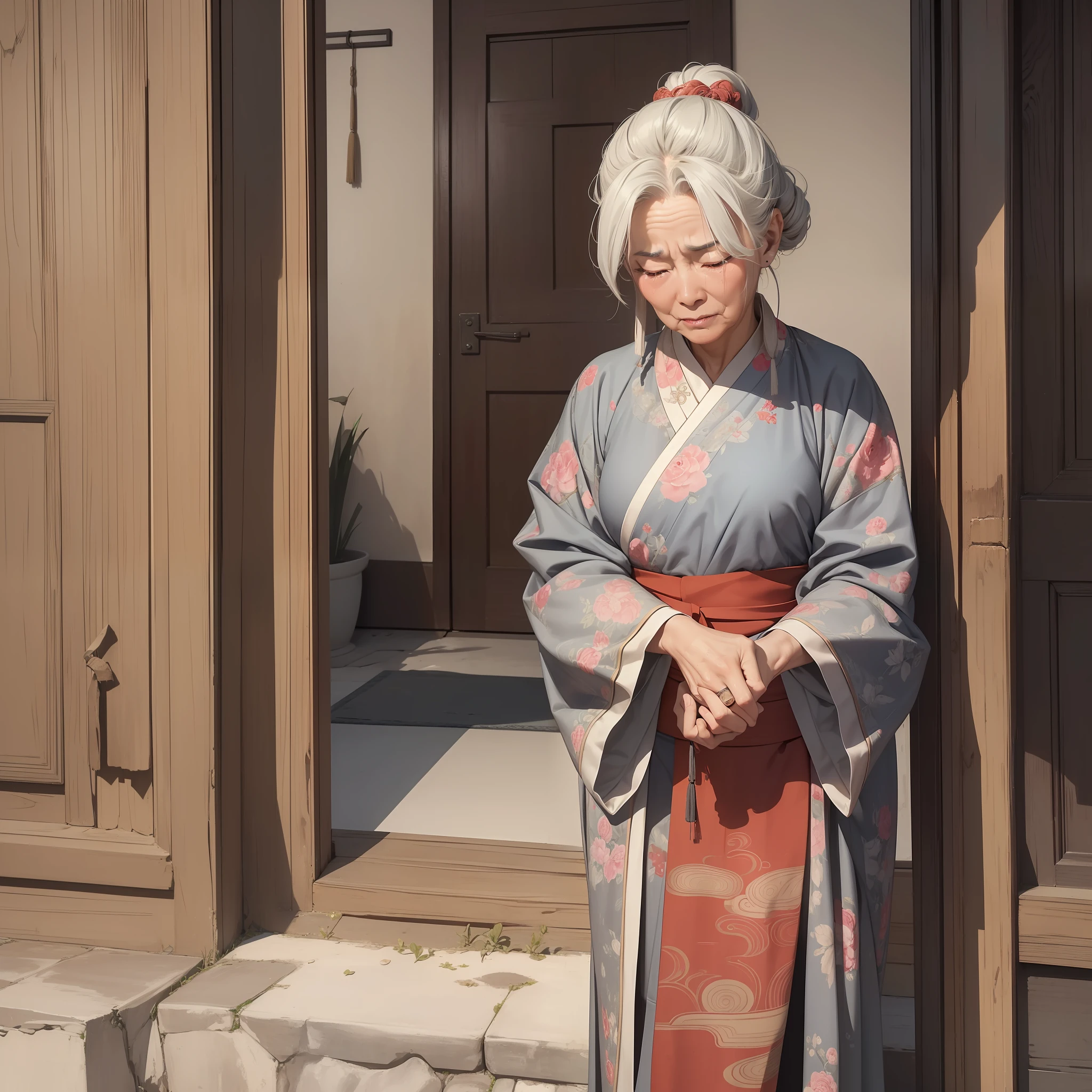 Absurd resolution, high resolution, (masterpiece: 1.4), hyper-detail, ancient Chinese, ten gray-haired, wrinkled old grandmother standing by the door crying (1.3) (background is a fire as tall as a person 1.5), crying (1.2), wearing shabby Chinese Hanfu 1.3 (upper body display 1.5) (a row of people 1.5)