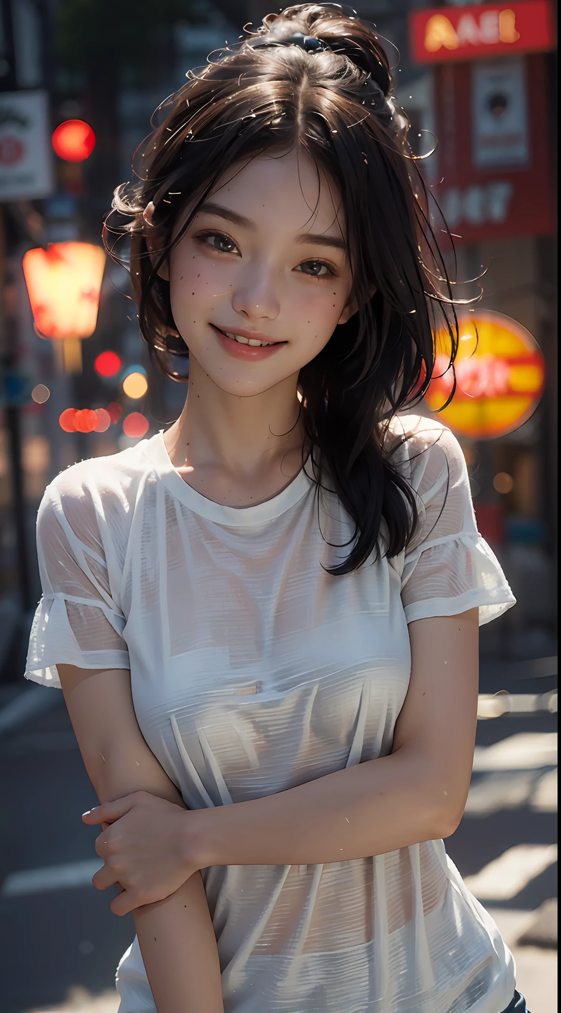 Top quality, masterpiece, ultra high definition, (Reality: 1.4), Original photo, 1Girl, cinematic lighting, smile, bright, photo-like, sweaty, face red, pose to take photo