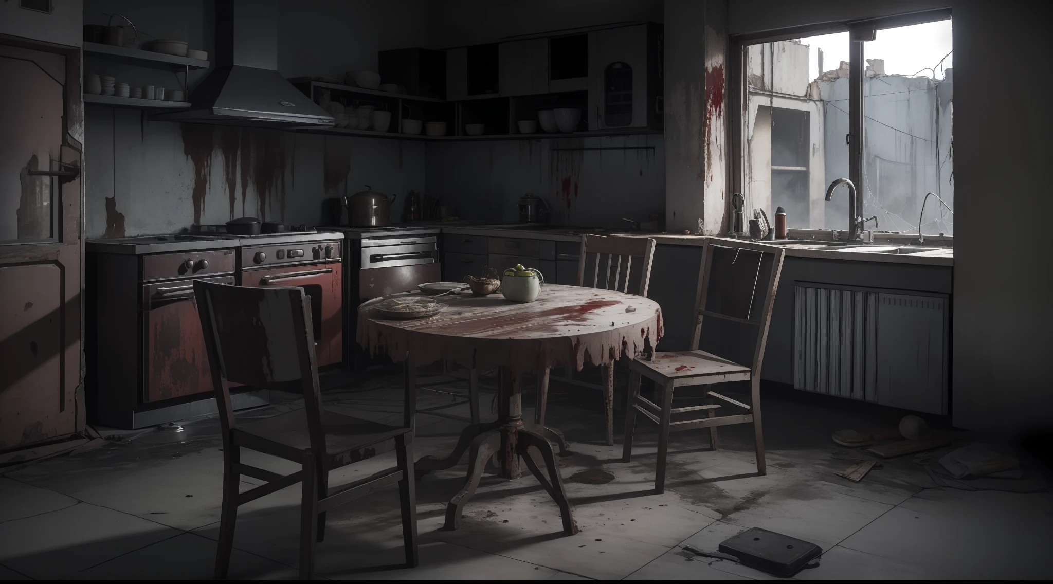 There is a ruined kitchen with a table and chairs in it, dirt, ruined kitchen, ruined interior, ruined city background, dust, spider web, retro ruin kitchen, horrorpunk interior, destroyed and dirty decoration, bush, walking dead kitchen, blood splatterer on the walls