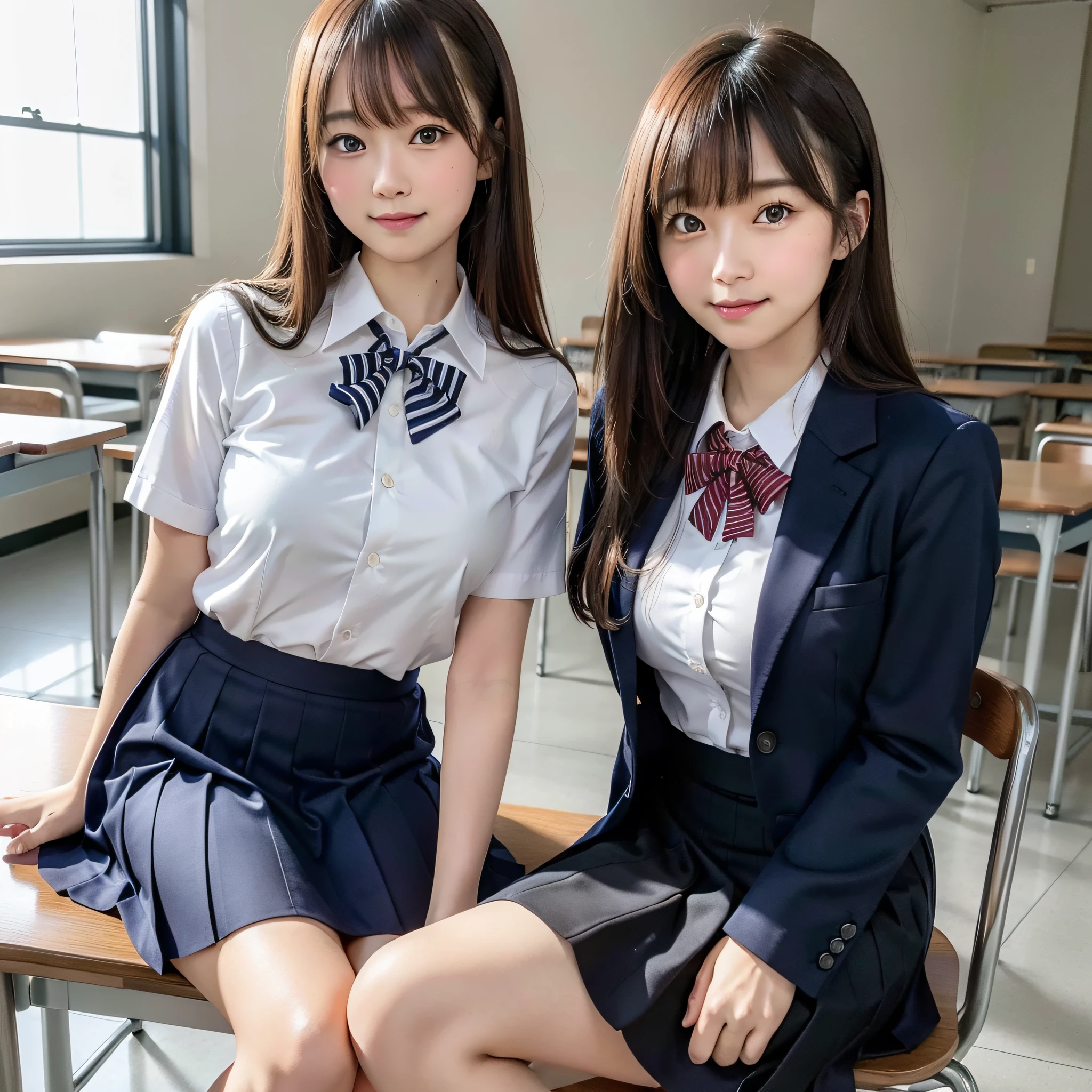 best quality, facial focus, soft light, (depth of field), ultra high res, (photorealistic: 1.4), RAW photo, (upper knees: 1.4), (sideways) 1Japanese girl, solo, handsome, (shy, smile: 1.1), (brown eyes), detailed beautiful face, (long hair), High school classroom, (seated chair), (school uniform: 1.4, navy skirt, navy Blazer)