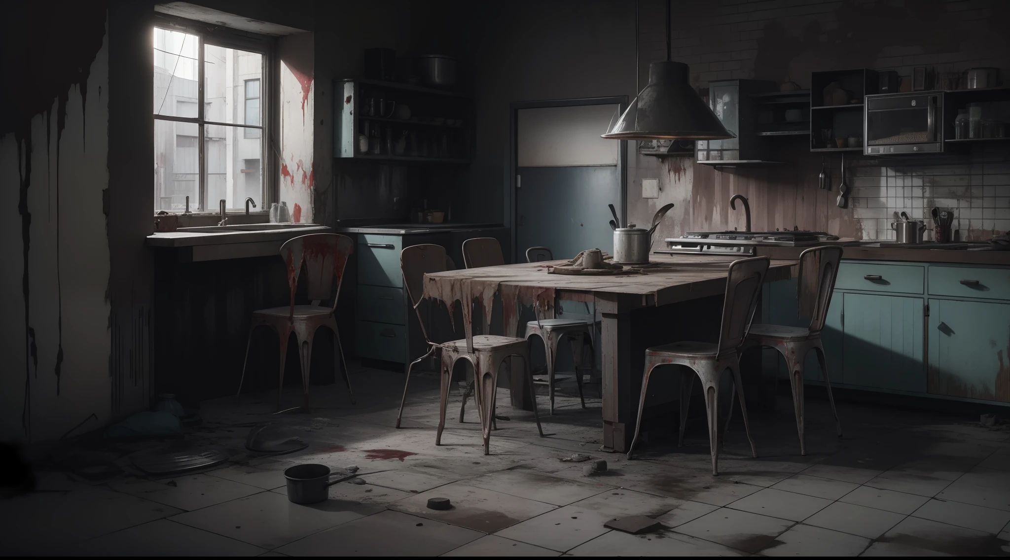 There is a ruined kitchen with a table and chairs in it, dirt, ruined kitchen, ruined interior, ruined city background, dust, spider web, retro ruin kitchen, horrorpunk interior, destroyed and dirty decoration, bush, walking dead kitchen, blood splatterer on the walls
