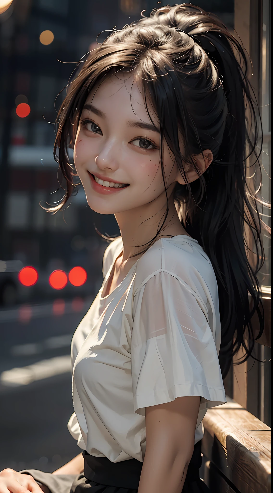 Top quality, masterpiece, ultra high definition, (Reality: 1.4), Original photo, 1Girl, cinematic lighting, smile, bright, photo-like, sweaty, face red, pose to take photo