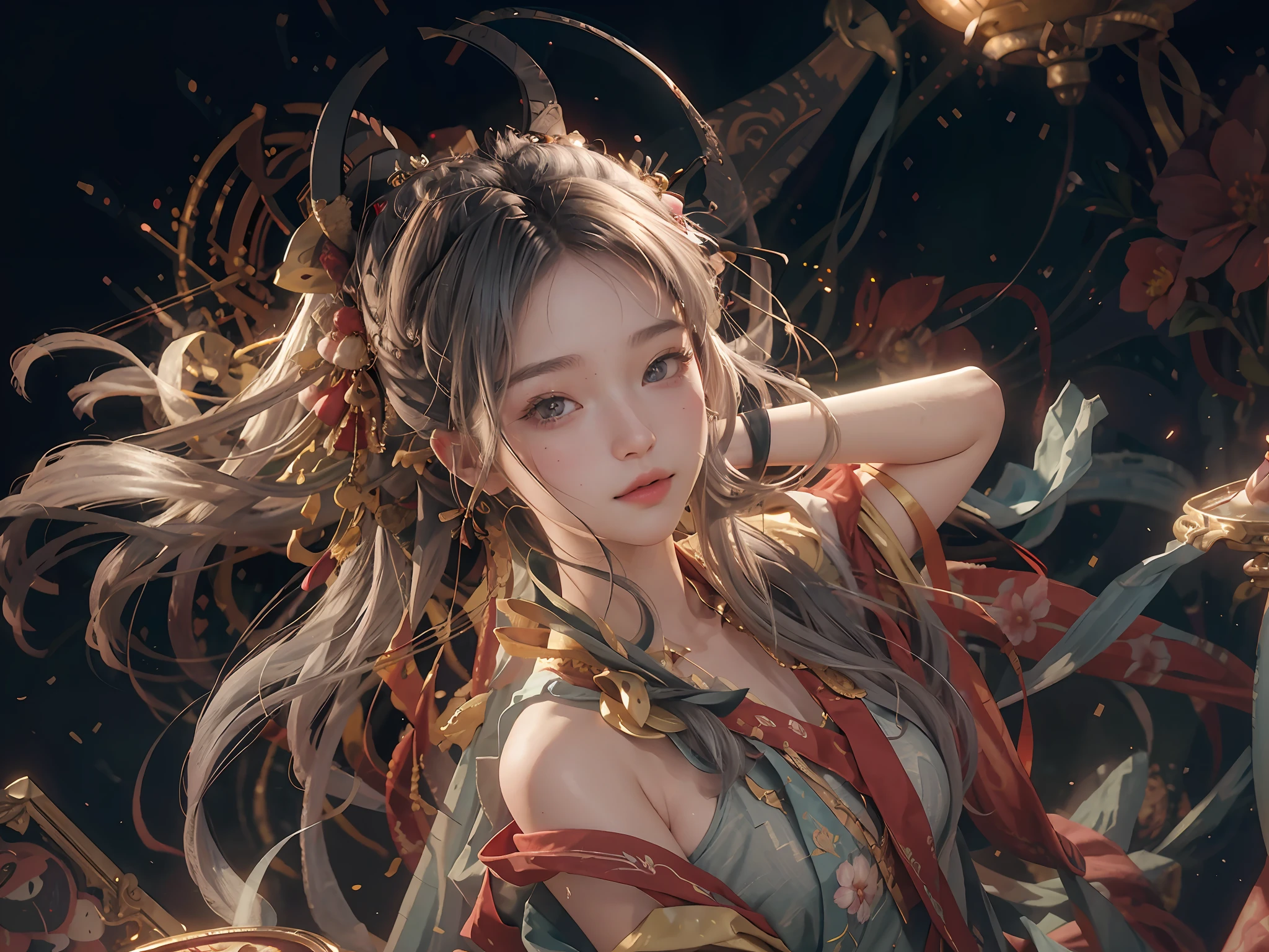 (RAW Photo, Best Quality), (Realistic, Photorealistic Real: 1.3), Best Quality, Highly Detailed, Masterpiece, Ultra Detailed, Illustration, 1 Girl, upper_body, Dynamic Angle, World Mastery Theater, messy_long_hair, Best Quality, Extremely Detailed CG Uniform 8k Wallpaper, Ink, Amazing, ????, Peach Blossom Eyes, Gray Hair, Smile, Movie Lights, lens_flare, dunhuang_style