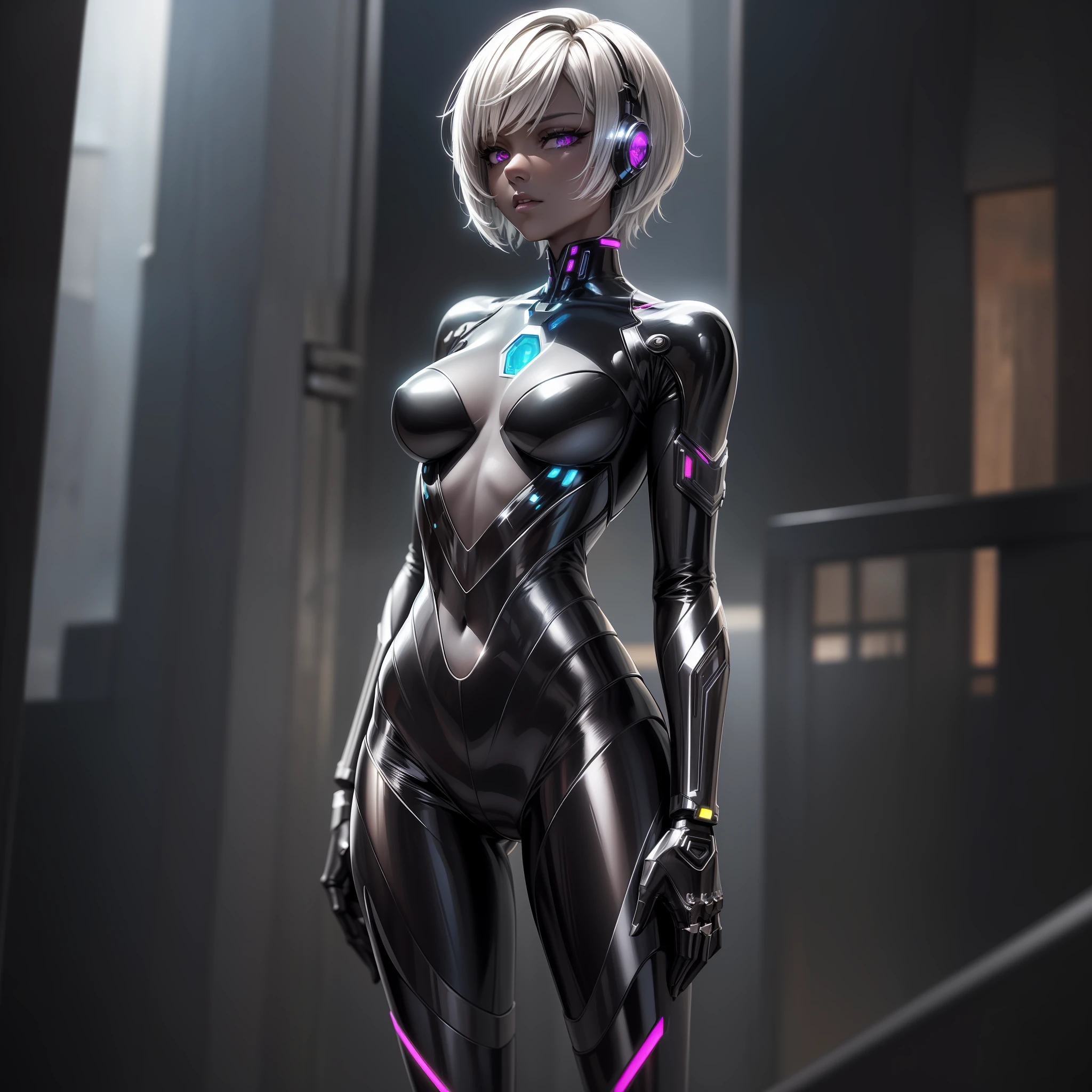 (highest quality, masterpiece, ultra high definition), (short hair, silver), (jewel-like eyes, cybernetic), (cyberpunk style, shiny black skin tight suit, transparent high-tech material, internal circuits and energy flow visible)