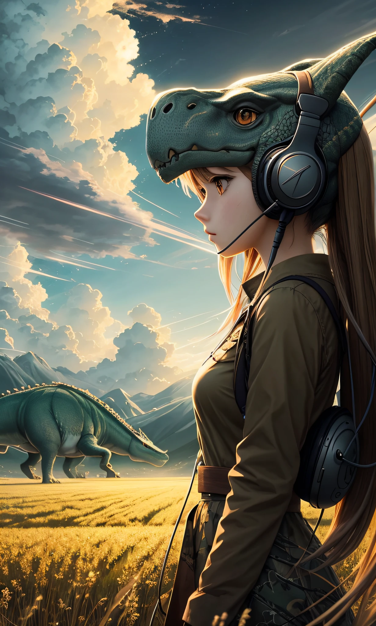 Beautiful and aesthetic, Long exposure: 1.2), smooth movement, attractive pattern, anime girl standing in the field wearing headphones, realistic ultra detailed portrait, cabin core, earth tone, ambitious, flying dinosaur, atmospheric clouds, bold manga style style