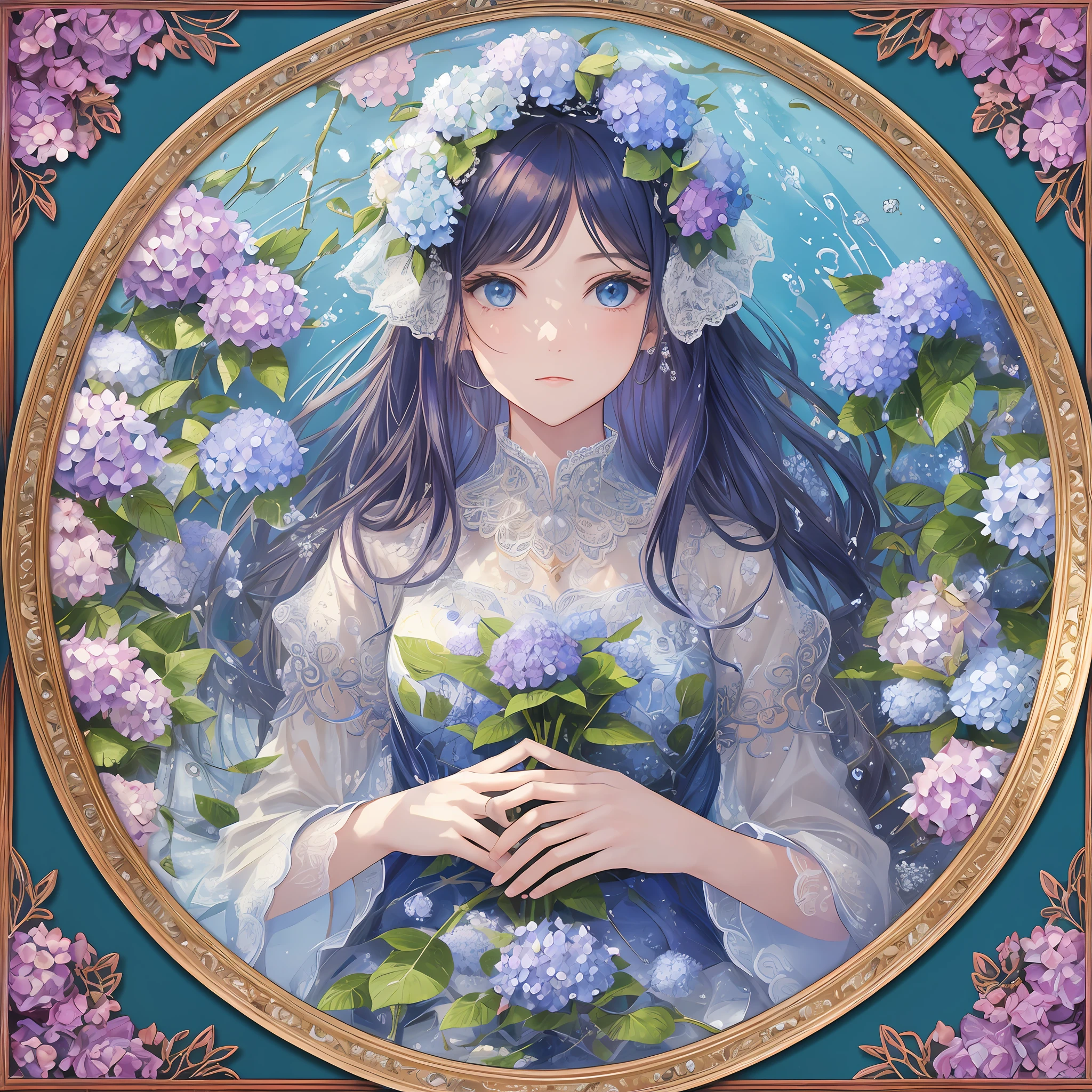 1 girl, masterpiece, top quality, beautiful and aesthetic: 1.2, fractal art: 1.3, jewels, detailed lace, detailed and beautiful round frame, hydrangea around, water, iridescent hair, beautiful girl fits within picture frame, blue gradient background
