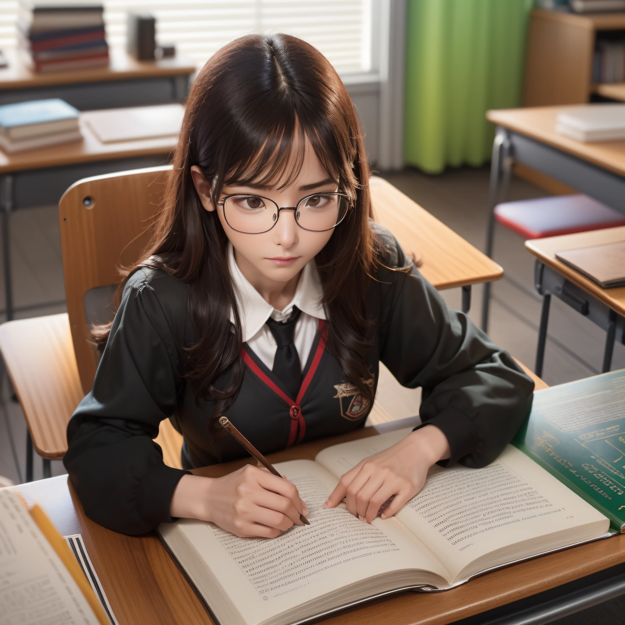 (Quiet classroom: 1.2, female hair flowing, black-framed glasses: 1.3, respectful study style: 1.3, scattered books: 0.9, page essays: 0.9, girls reading quietly, deeply admired: 1.2)