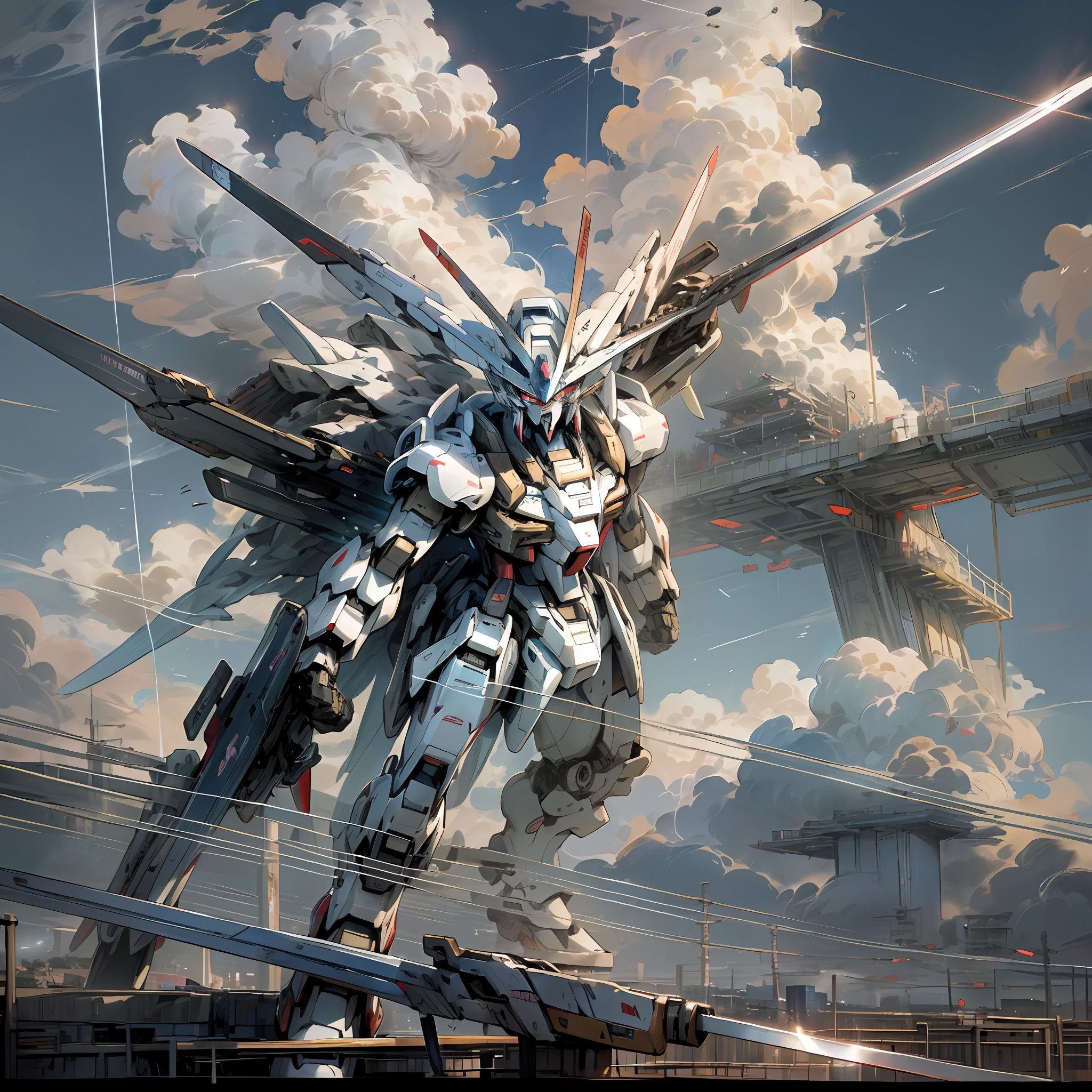 sky, clouds, holding_weapon, no_humans, 1machine, camera gaze, gundam, (with Japan sword: 1.3), dual-wielding, Japan, building, glowing_eyes, science fiction, (Japan building), urban, reality,