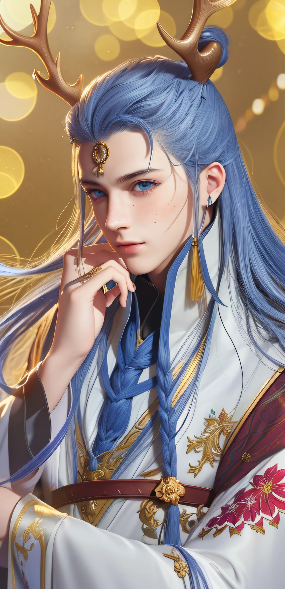 Best quality, masterpiece, high resolution, a young man, wizard, silk robe, pretty face, yellow antlers, blue eyes, freckles, upper body, tyndall effect, realism, dark studio, edge lighting, two-tone lighting, (high detail skin: 1.2), 8k, soft light, high quality, volumetric light, high resolution, 4k, 8k, background bokeh