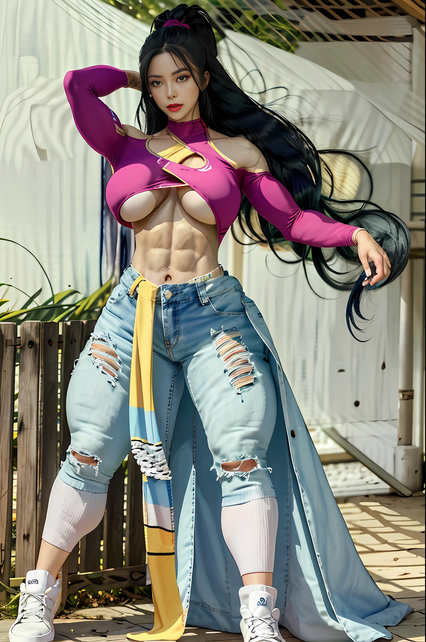 Delicate face, hairstyle: long curly hair, hair color gradient white, red, yellow, green, blue, purple color, hair length: 300cm. Height: 200cm, weight: 400 pounds, huge chest, especially huge wide buttocks, full body strong muscles, large abs, huge thick leg muscles, exaggerated waist ratio, full body lens, high-top sneakers, HD 8K, CG, overhead lens, full body shot including shoes with bare shoulders, torn super shorts, breasts, breasts squeezed together, torn pants, parted lips, solo, V-arms, (shiny skin), (Masterpiece: 1.4), (Best Quality: 1.4) ,,, Facigirl, Red Lips, Perfect Abs, Navel, (: 1.5), (Clear Areola), Huge, Sweat, Outdoor Background, Full Body from Head to Toe