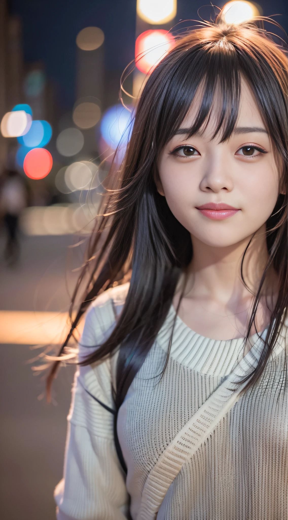 1girl, Tokyo street,night, cityscape,city lights,upper body,close-up,smile,, (8k, RAW photo, best quality, masterpiece:1.2),(realistic, photo-realistic:1.37),
