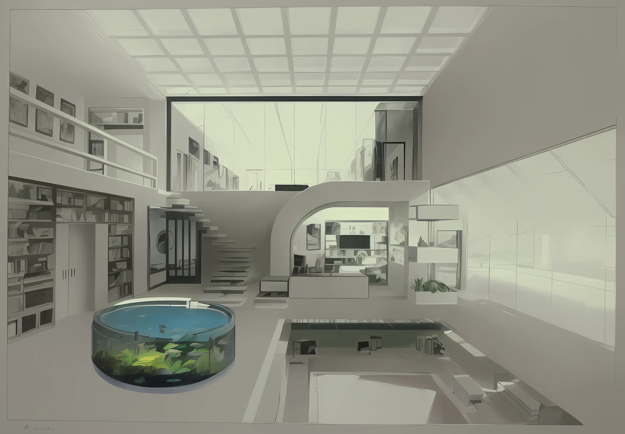 a drawing of a room with a staircase and a fish tank, japanese villa syd mead, brutalist futuristic interior, architecture drawing, by Hans Fischer, modernist interior, house interior, by Tadeusz Kantor, architectural concept, interior architecture view, architectural concepts, concept drawing my syd mead, by Luis Miranda, inside mc escher architecture, drawing architecture