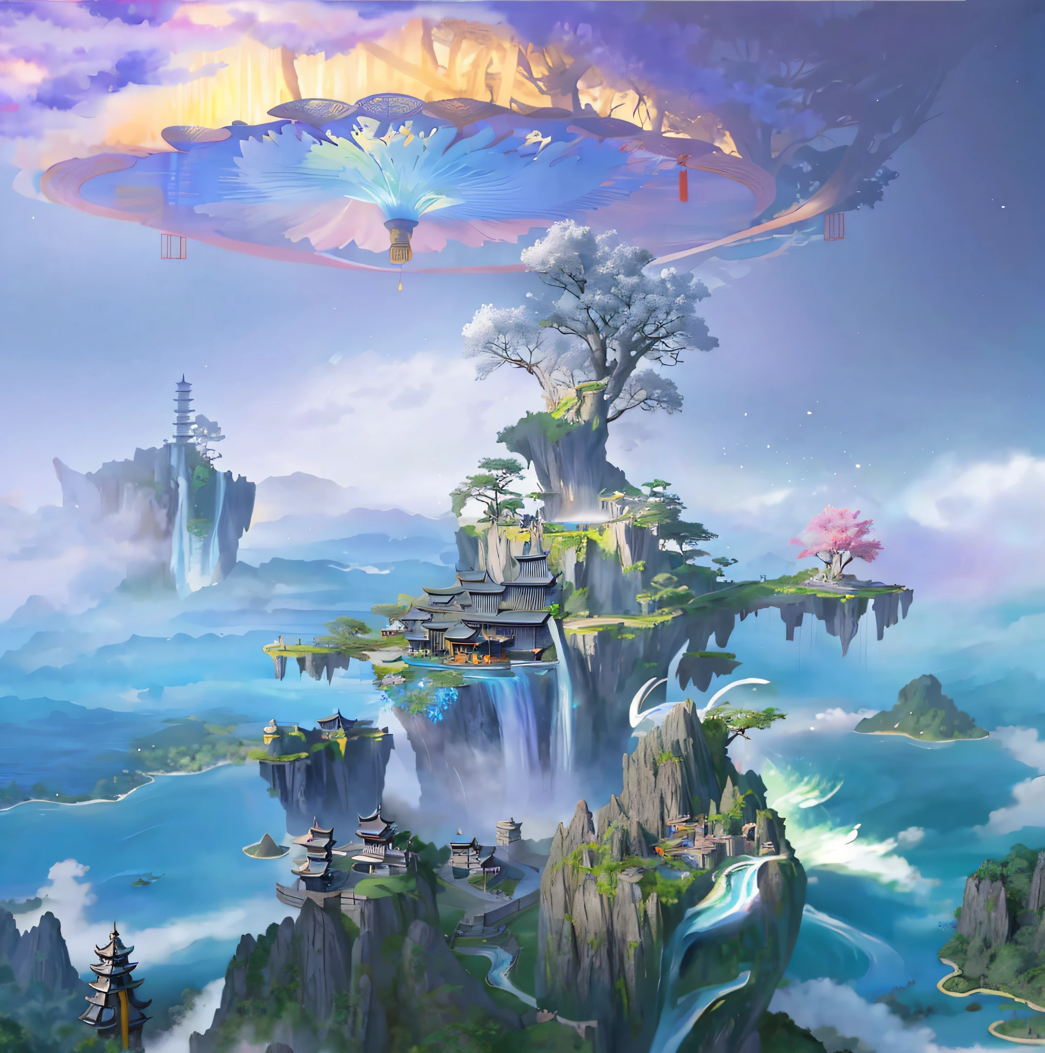 (Top view, high angle view, focus composition) Many islands suspended in the air, huge trees, sky vortex, martial arts, ancient Chinese architecture, waterfalls, fantasy, wonderland, growing magical plants, mist, extreme detail, realistic light, epic composition, (complex details), (hyper-detail: 1.2), art station, (masterpiece, best quality, super HD), 32k --v 6