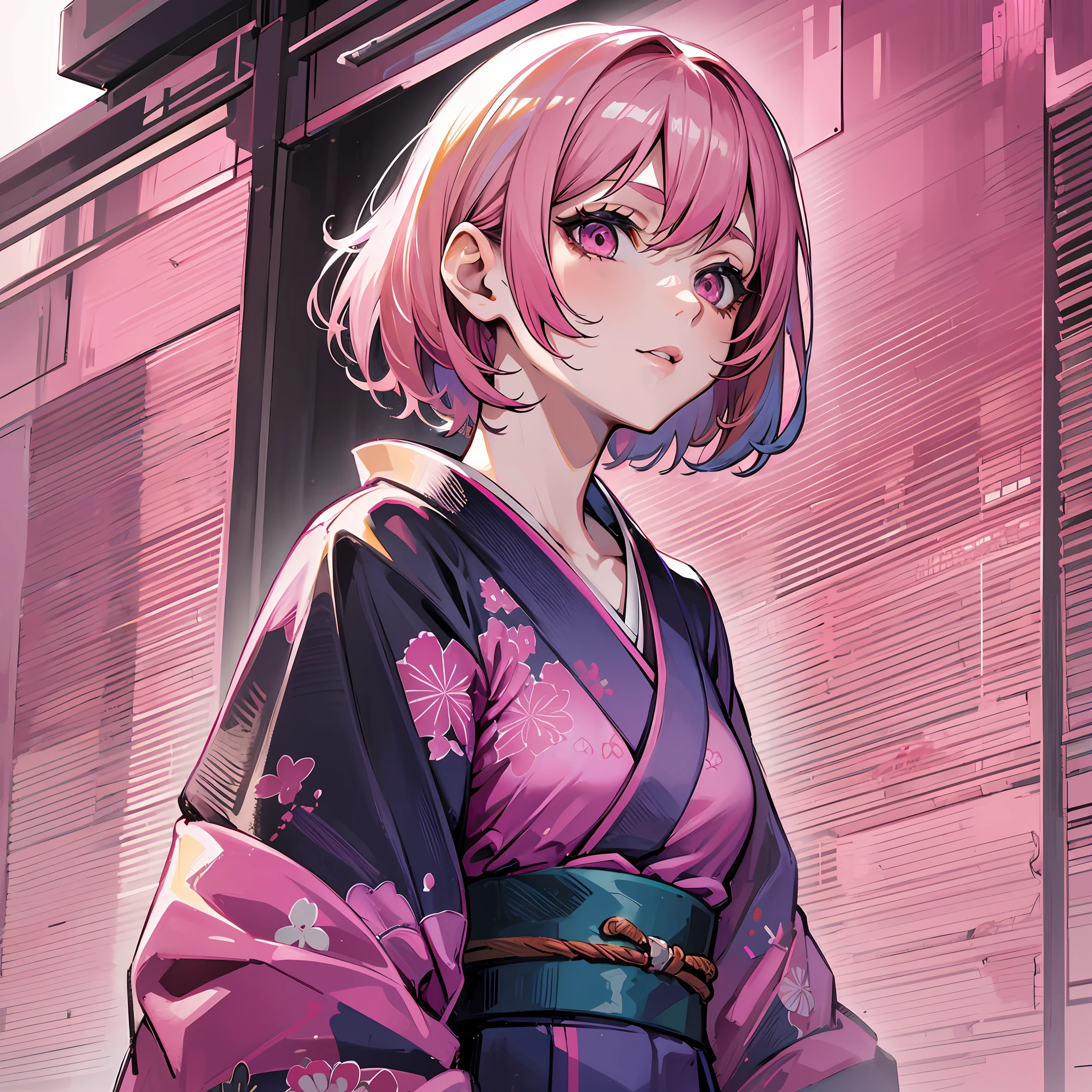 A woman, ((pink hair)), pink eyes, kimono, adult body, straight short hair