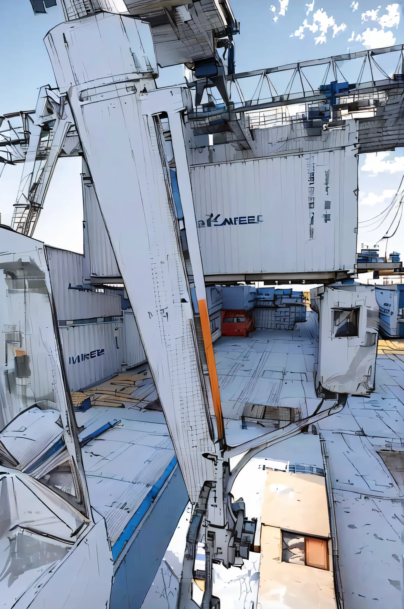 linear, gray, white background, simple background,sketch, sketch,pen_sketch_style,Arafed view of a person driving a tractor on a container yard, crane frame sitting in a crane, 4 0 9 6, 3 4 5 3 1, POV photo, looking towards the camera, looking directly at the camera, shipping containers, shot with GoPro9, video footage, looking directly at the camera, Wide installation shot, looking into the camera, high quality download