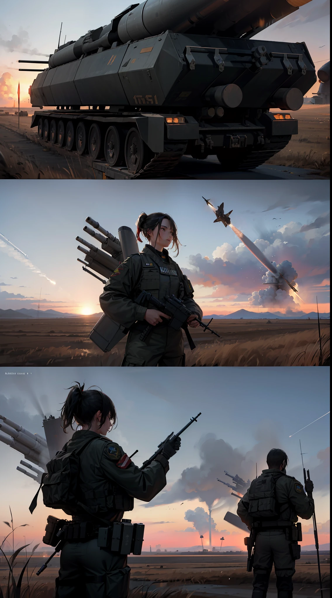 Realistic Details,War Scenes,(Science Fiction : 1.5),Sci-fi,Mercenaries at War with Unmanned Government Soldiers,War,Bombs,Grasslands,Air Warfare,Fighter Planes,Ballistic Missiles,(Missile Fighter Defense:1.3)