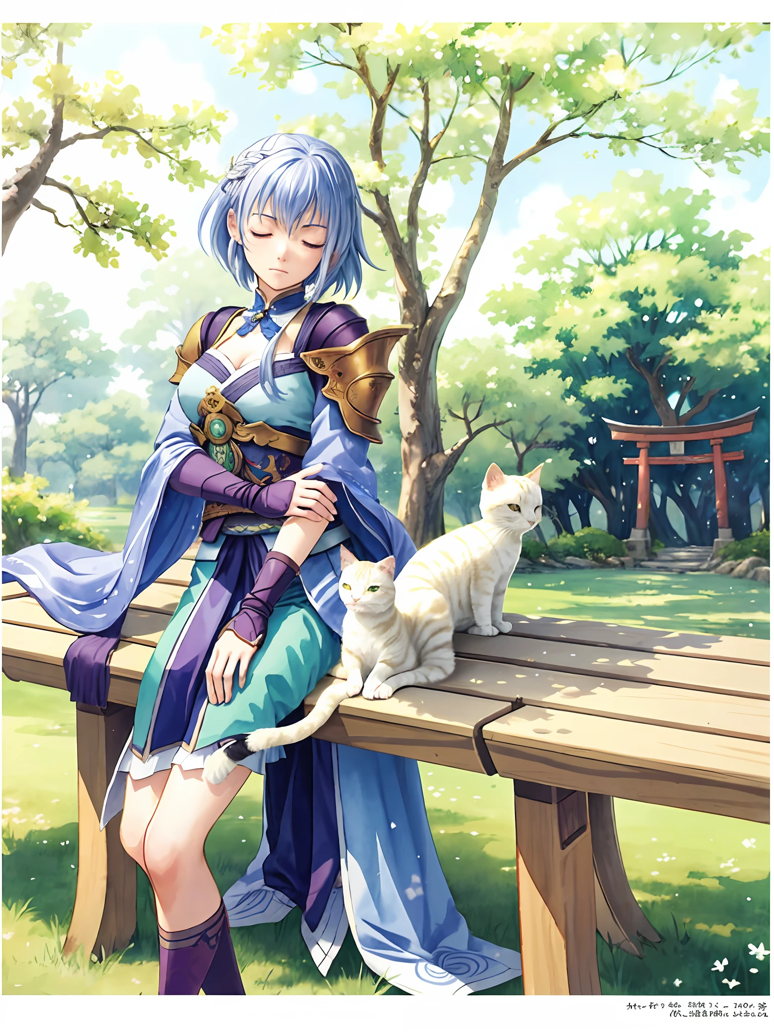 Semi-top view, role-playing, game characters, Final fantasy armor costume, eyes closed, melancholy, girl sitting on bench next to a white kitten, tree in background, two birds standing above the tree, ancient style, inspired by Torii Kiyonaga, watercolor