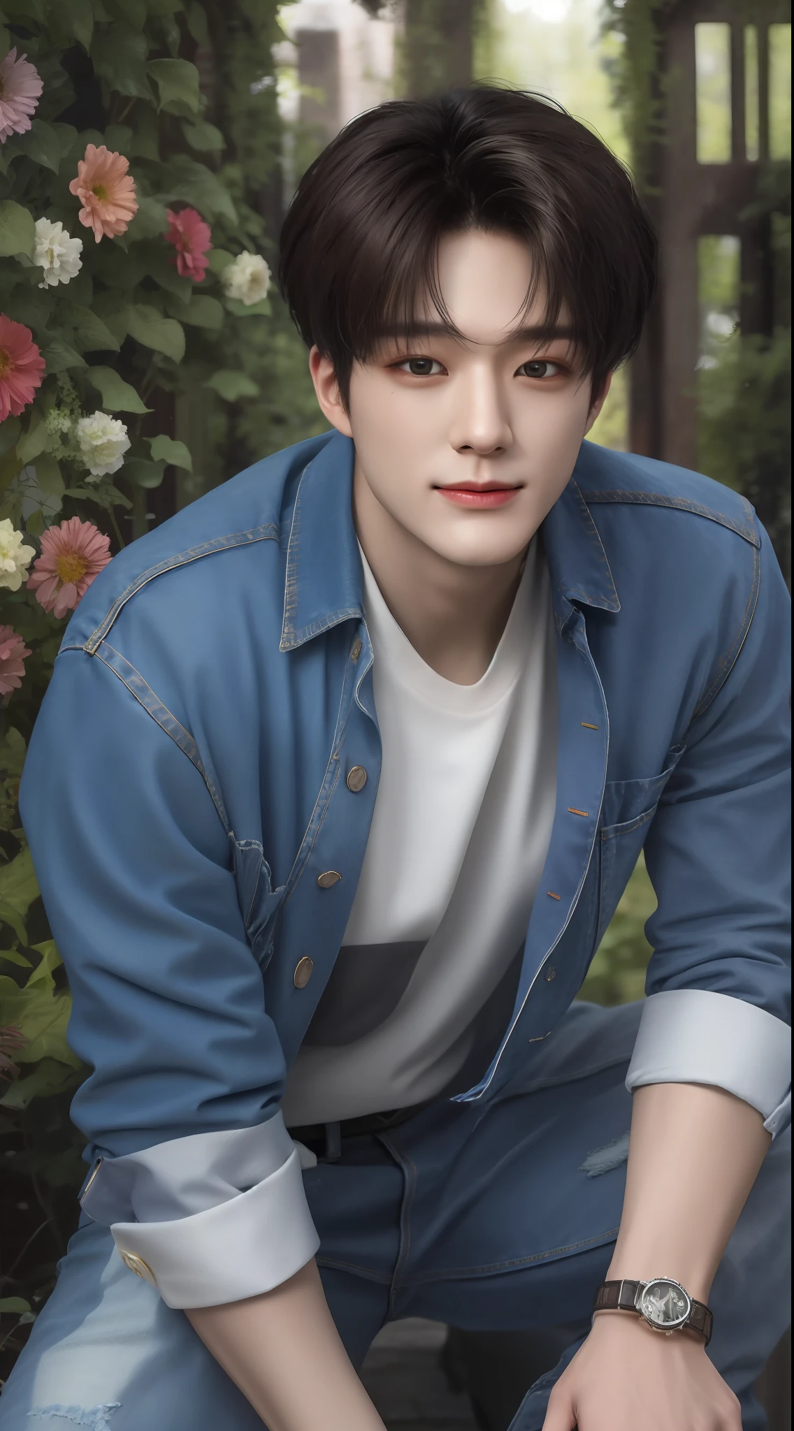 Best quality, ultra high resolution, ultra-detailed, style-empire, realistic, cinematic. A handsome korean man, thick eyebrows, gazing eyes, brown skin, shiny skin, black hair. He is wearing a denim jacket, white shirt inside, and denim jeans. He is at the garden, with lots of flowers. Half portrait, medium length close-up shot. He is smiling with teeth.