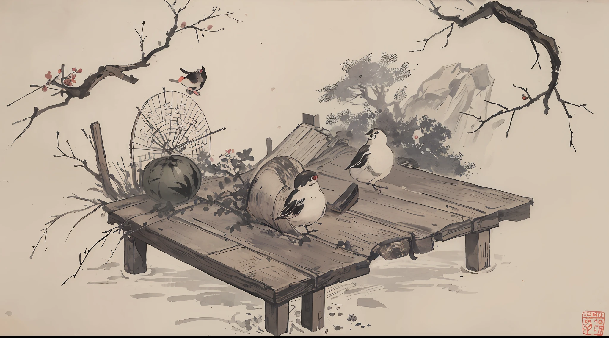 (Masterpiece, best quality: 1.2), traditional Chinese ink painting, fence, doorway of a house, 1 man, (sparrow on the windowsill: 1.2), (cut watermelon: 1.3), (golden doll: 1.2),