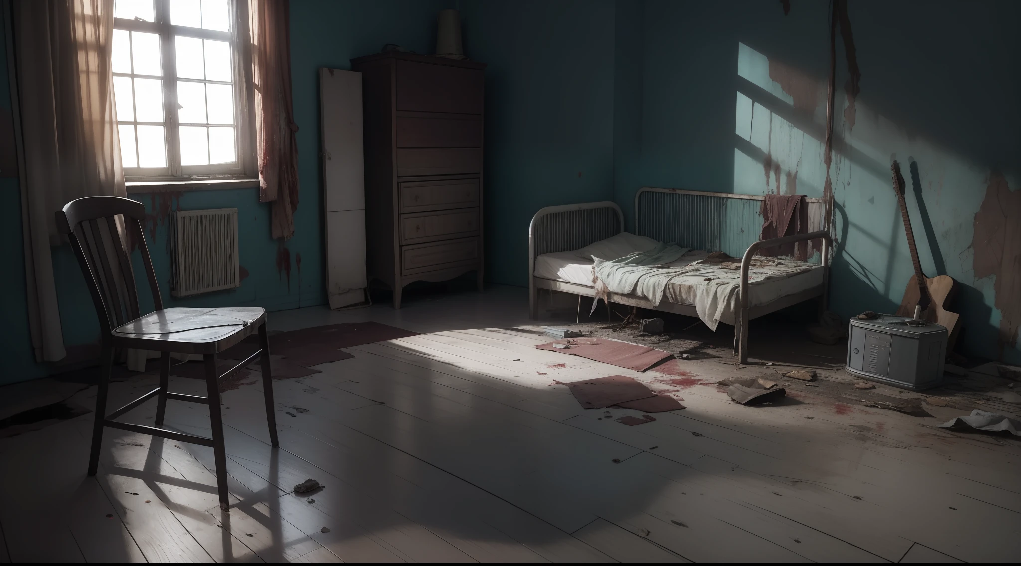 There is a ruined room with a bed with dirty sheets and a broken chair in it, ruined room, ruined city background, broken and dirty decoration, dust, spider web, dirty apartment, dirty interior with grass on the walls and floor, horropunk apartment, blood splatterer on the walls