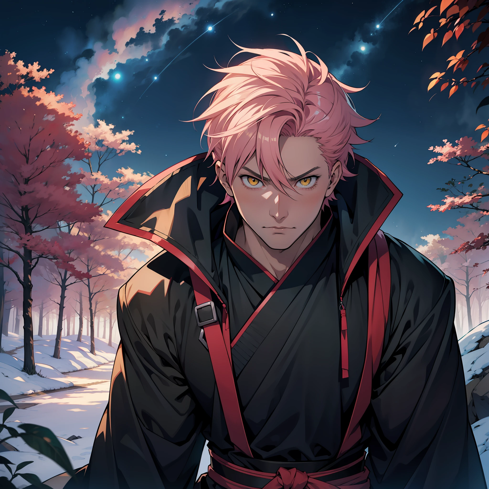 anime image of a man with pink hair and yellow eyes, short hair, 1man, solo man, anime handsome man, name of the character is chad, pink - haired anime boy, male anime character, kentaro miura style, as an anime character, cold expression, calm expression, close-up, deep in a forest, night, starry sky, ninja clothing, japanese clothing, dark clothing, fire, flames