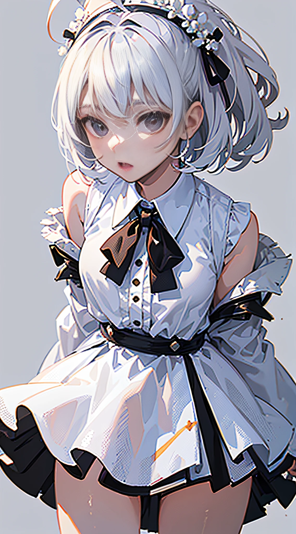 ((masterpiece, best quality)), (1girl), (solo), (female focus), (ahoge, white hair, short hair), black eyes, ((white shirt), (buttoned shirt)), ((black skirt), (short skirt)), standing, white background, behind arms,