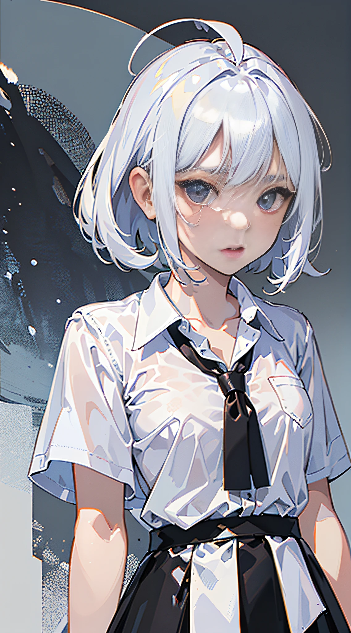((masterpiece, best quality)), (1girl), (solo), (female focus), (ahoge, white hair, short hair), black eyes, ((white shirt), (buttoned shirt)), ((black skirt), (short skirt)), standing, white background, behind arms,