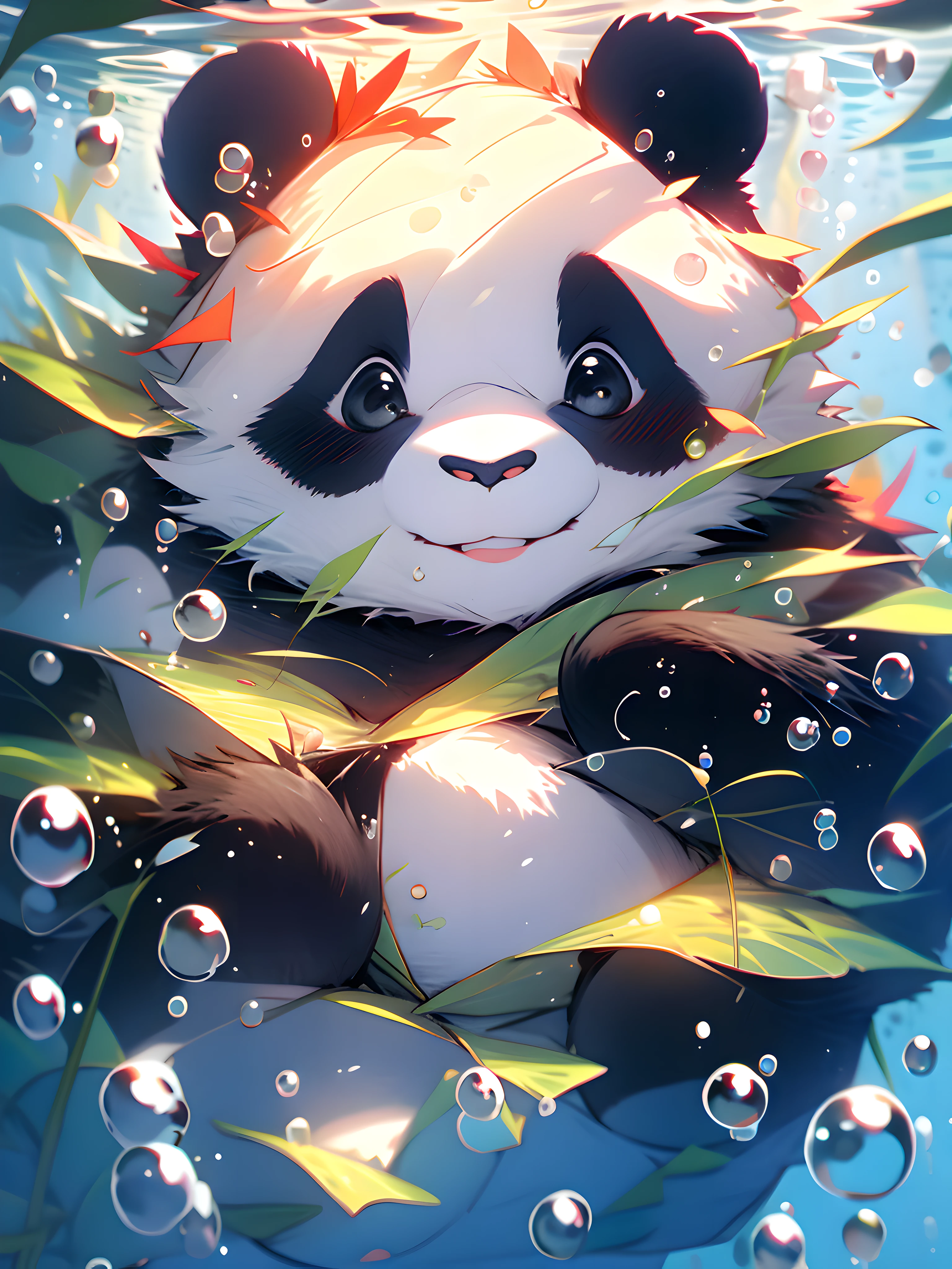 1 cute panda, face closeup, portrait, furry, leaves, no man, underwater, swimming, blisters, bubbles, more details, rich colors, cute smile, best quality, 8K, high saturation