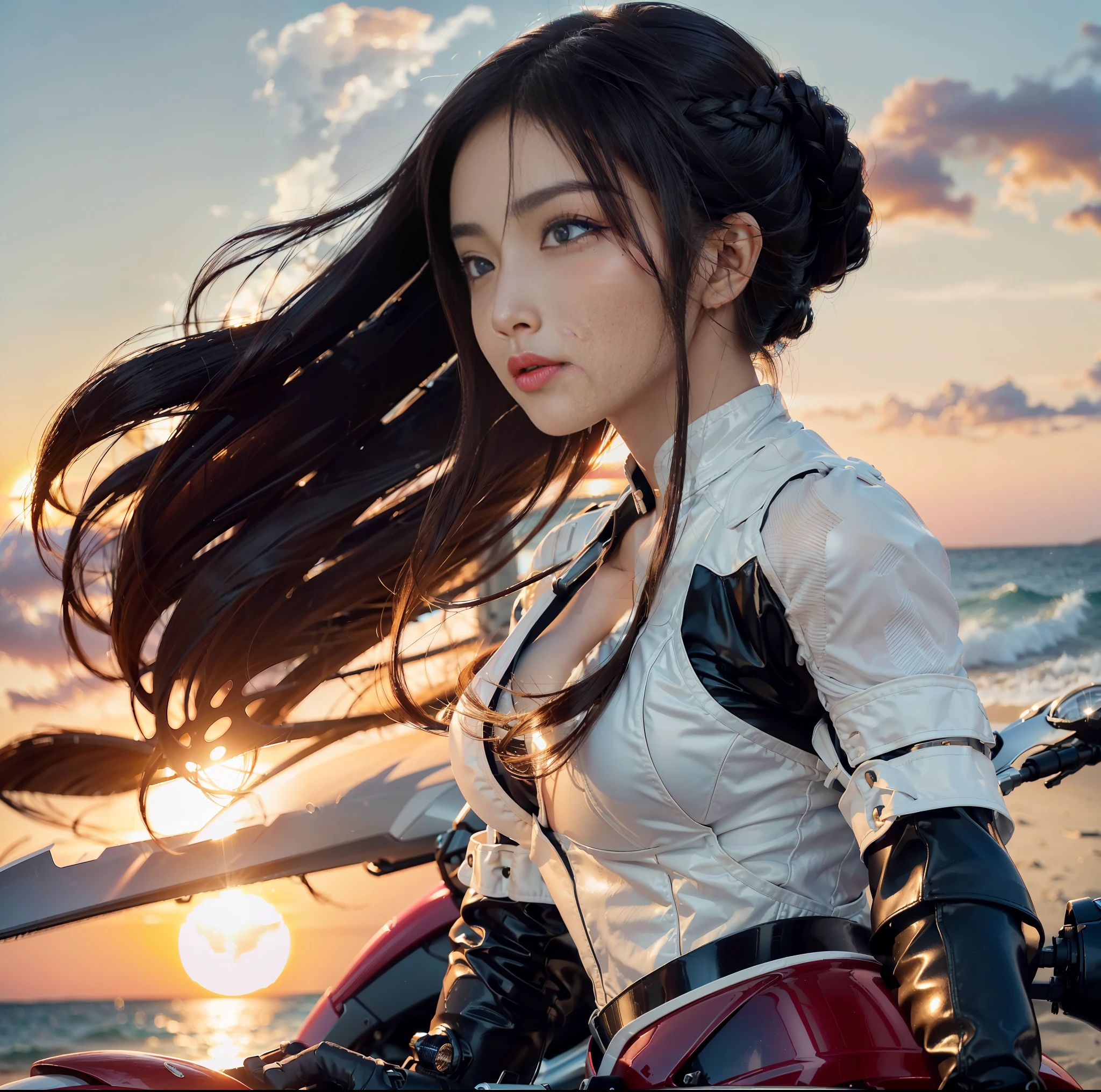 (top quality, masterpiece), 1girl, intricate details, (shading realistic lighting), huge file size, high resolution, elegant, realistic, (perfect anatomical depiction of the human body), teenage girl is stopping her motorcycle on the beach at dark sunset and looking somewhere, serious expression, the girl has whitening skin blue eyes and partially braided long hair is a brunette Japan, japanese, (the girl has very big), (the girl has super big), (the girl has a thin waist), (the girl has thin thighs), (the girl has a baby face), ((the girl wears a white bodysuit with smooth thin fabric)). (The girl's bodysuit has very cramped breasts), (The girl's white bodysuit has crimson lines on the outside of her limbs), (The girl wears a white bodysuit, red-white boots and gloves so she can't see any skin except her face), (The girl's bodysuit crushes her large breasts and spreads to the side), (Beautiful big blue eyes), (Thin and clear double eyelid lines in the eyes), ( Tear bags with glossy, plump and bright tones under the eyes), (pale blue iris), (some highlights on the iris and pupil), (red representation of the conjunctiva), (long eyelashes that are well visible), (taut swimsuit with super big), (skin and hair glistening in the setting sun from behind), (hair fluttering heavily in the strong sea breeze and shimmering in the backlight of the setting sun). ((The girl is standing in front of the motorcycle and looking into the distance)) , (shot showing the whole body, the motorcycle, the sea and the sunset), The motorcycle is a one-light naikit type, Holding a black helmet in one hand, The sun is dyed crimson on the horizon behind it, the sky has a gradient to a dark purple that is darker as it moves away from the crimson of the horizon, a very dark scene that is almost night, strong contrast between light and shadow, perfect hands, nice hands, mirage farina,