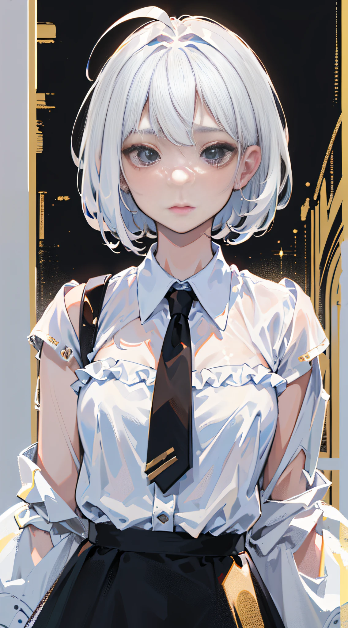 ((masterpiece, best quality)), (1girl), (solo), (female focus), (ahoge, white hair, short hair), black eyes, ((white shirt), (buttoned shirt)), ((black skirt), (short skirt)), standing, white background, behind arms,