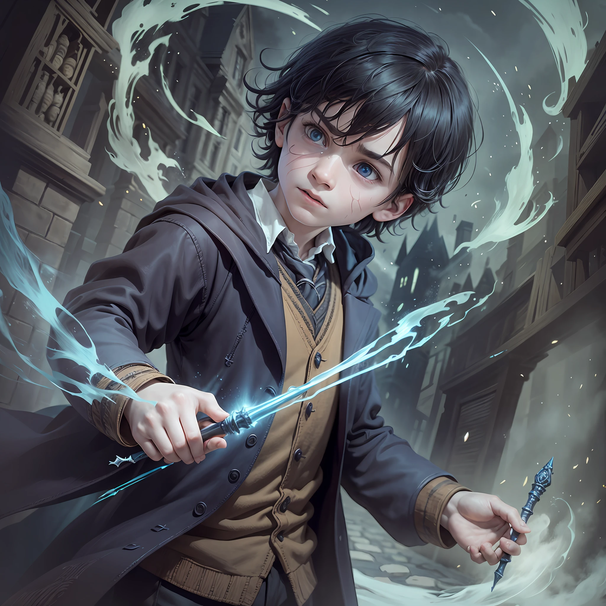 A life scene full of magic, the in the Harry Potter world fights the vicious Voldemort with a wand, and a large number of ghosts surround them, Voldemort on the left and the little boyght.