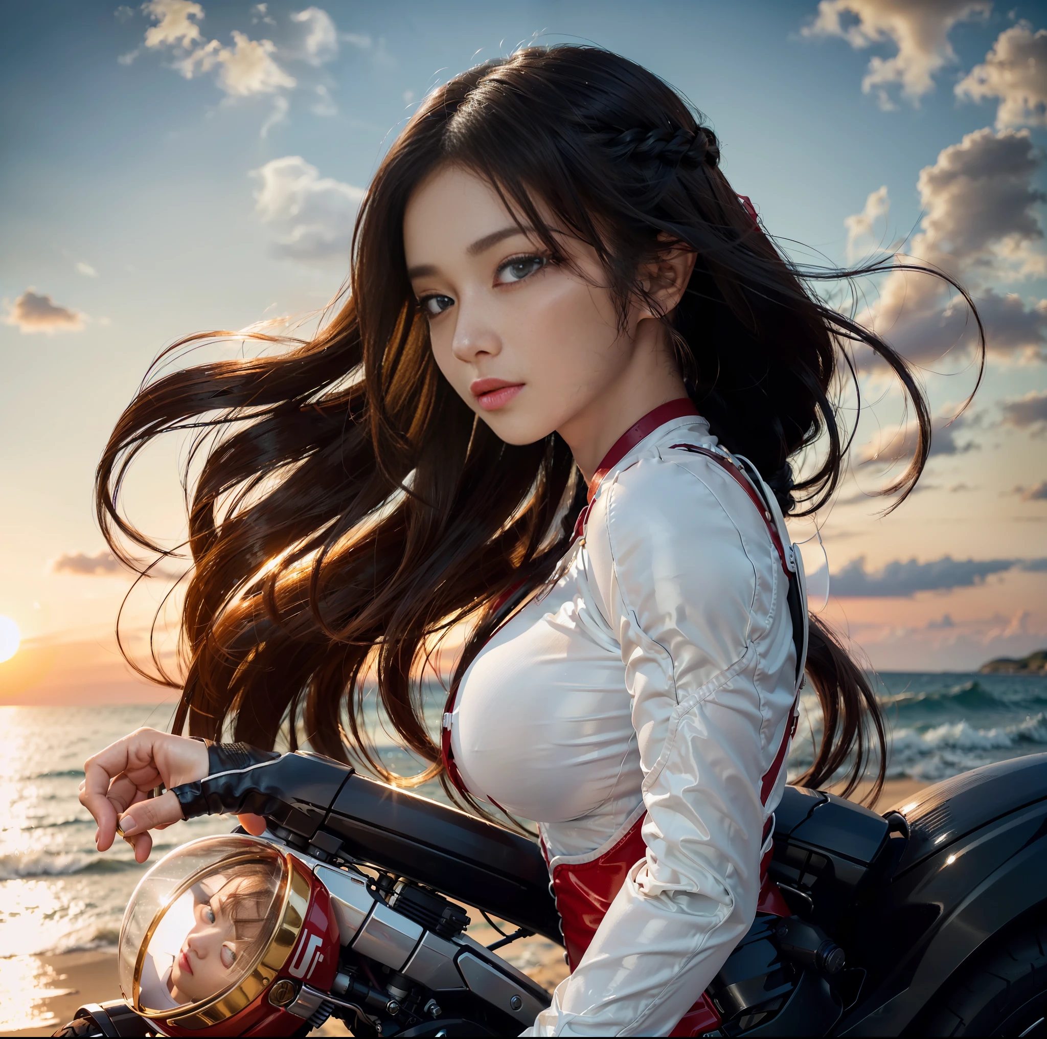 (top quality, masterpiece), 1girl, intricate details, (shading realistic lighting), huge file size, high resolution, elegant, realistic, (perfect anatomical depiction of the human body), teenage girl is stopping her motorcycle on the beach at dark sunset and looking somewhere, serious expression, the girl has whitening skin blue eyes and partially braided long hair is a brunette Japan, japanese, (the girl has very big), (the girl has super big), (the girl has a thin waist), (the girl has thin thighs), (the girl has a baby face), ((the girl wears a white bodysuit with smooth thin fabric)). (The girl's bodysuit has very cramped breasts), (The girl's white bodysuit has crimson lines on the outside of her limbs), (The girl wears a white bodysuit, red-white boots and gloves so she can't see any skin except her face), (The girl's bodysuit crushes her large breasts and spreads to the side), (Beautiful big blue eyes), (Thin and clear double eyelid lines in the eyes), ( Tear bags with glossy, plump and bright tones under the eyes), (pale blue iris), (some highlights on the iris and pupil), (red representation of the conjunctiva), (long eyelashes that are well visible), (taut swimsuit with super big), (skin and hair glistening in the setting sun from behind), (hair fluttering heavily in the strong sea breeze and shimmering in the backlight of the setting sun). ((The girl is standing in front of the motorcycle and looking into the distance)) , (shot showing the whole body, the motorcycle, the sea and the sunset), The motorcycle is a one-light naikit type, Holding a black helmet in one hand, The sun is dyed crimson on the horizon behind it, the sky has a gradient to a dark purple that is darker as it moves away from the crimson of the horizon, a very dark scene that is almost night, strong contrast between light and shadow, perfect hands, nice hands, mirage farina,