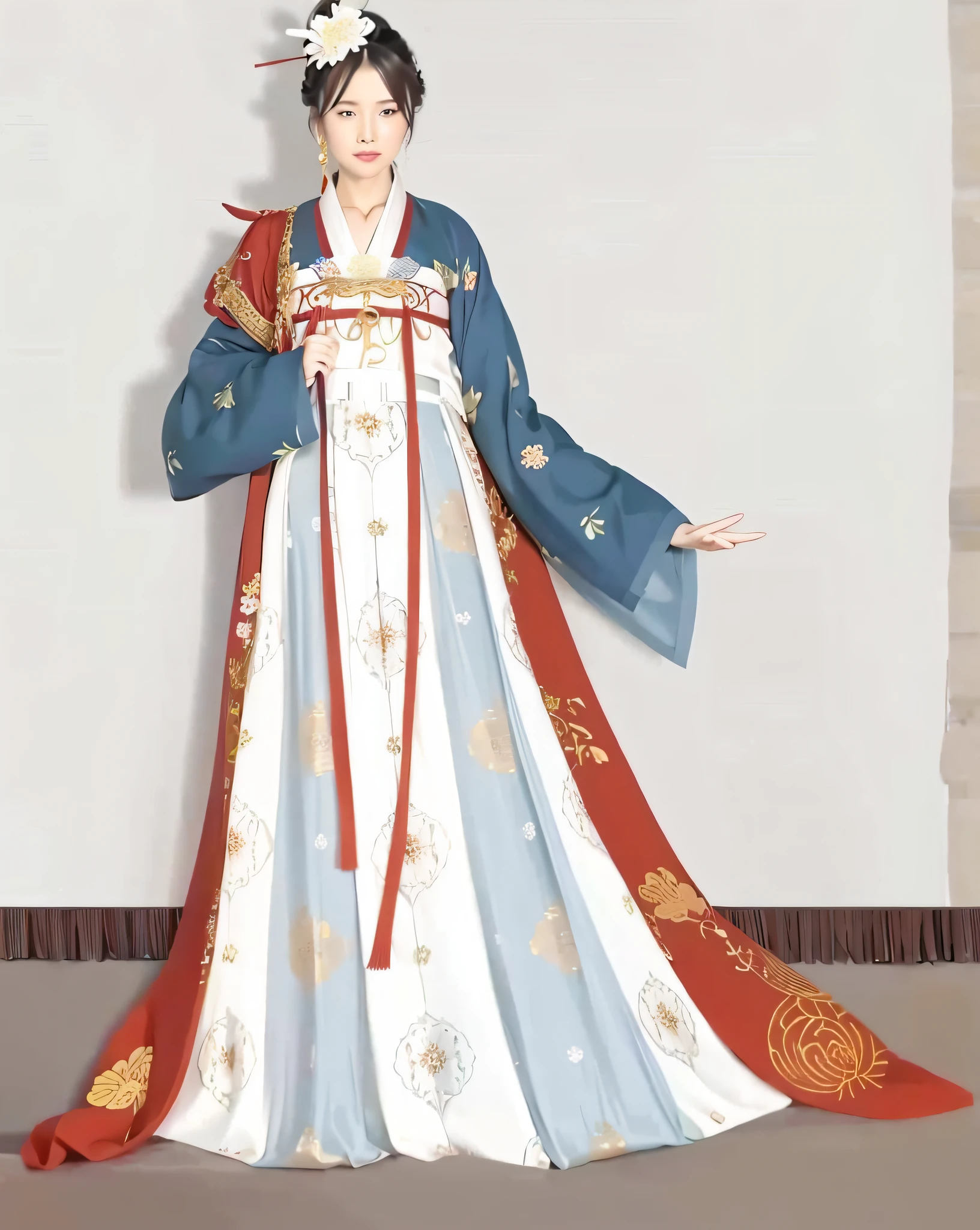 Close-up of a woman in a long skirt skirt, Tang dynasty skirt, a girl in Hanfu, Hanfu, wearing ancient Chinese clothing, royal royal elegant dress, ancient Chinese princess, white Hanfu, princess of ancient Asian dynasty, beautiful rendering of Tang dynasty, inspired by Hanfu