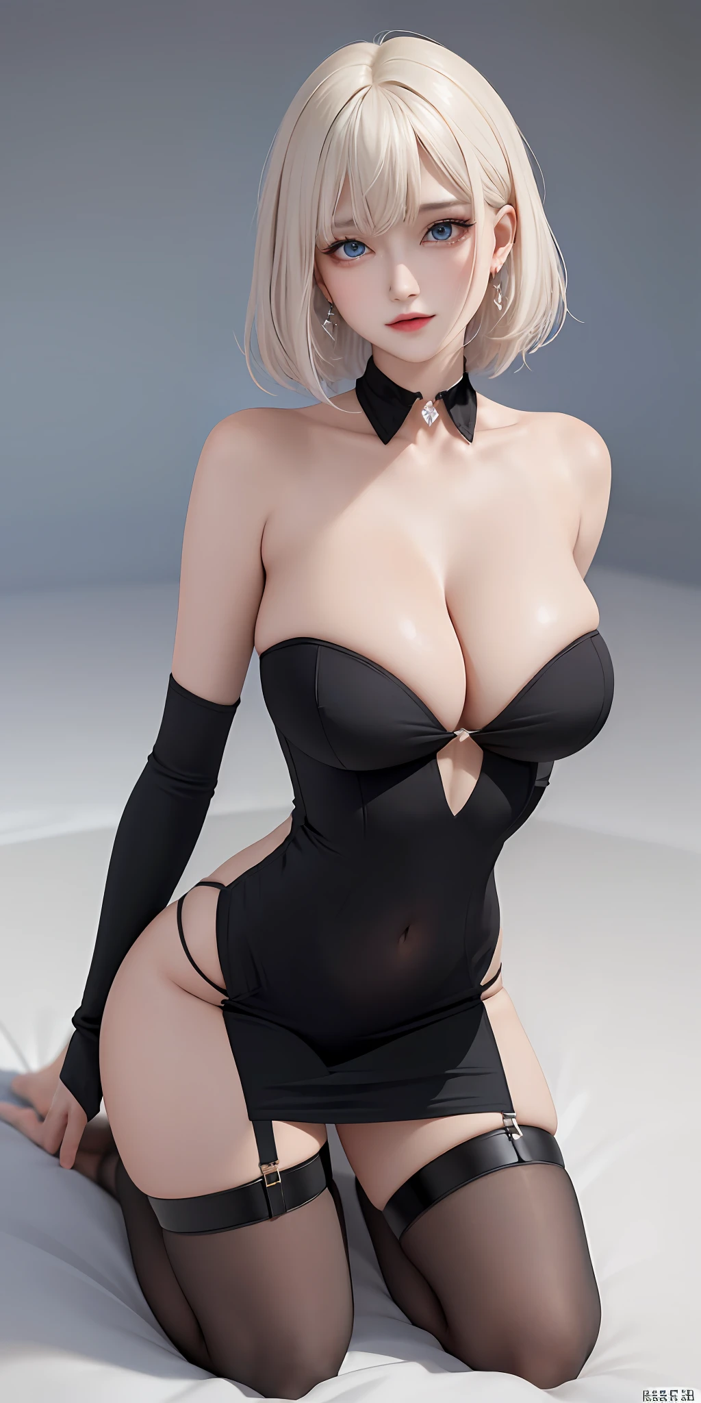 Angle, from aboveRAW, 1 girl, solo, full body, (best quality, masterpiece, absurdity: 1.2), front view, perfect face, very delicate and beautiful, fine-grained skin texture, lively and shiny skin, (big breasts: 1.3), (constriction: 1.2), huge ass, (pureerosface_v1: 1.3), (ulzzang-6500: 0.4), tan, (white hairHair, Short Hair: 1.3), Blue Eyes, (Big Eyes: 1.2), Blue Eyes, (Makeup: 1.2), Bright Smile, (Black cleavage, ruffles, V-neck, Navel, Slit-up Dress): 1.3), Shirt, Jewelry Earrings, Thigh Strap, Thigh Strap, Thigh Socks, Simple Background, Portrait, Huge Breasts, Big Breasts