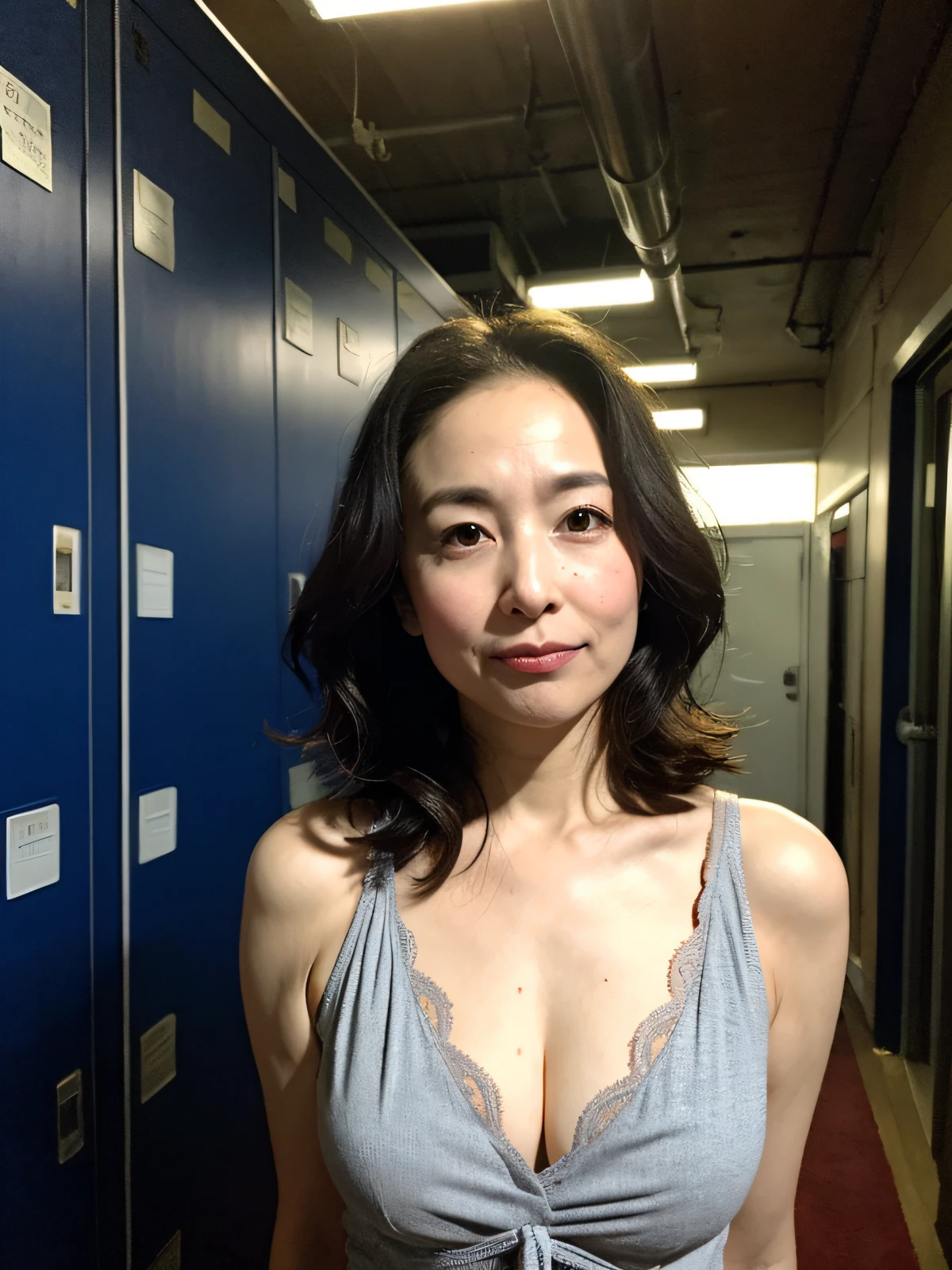 ((Best Quality, 8k, Masterpiece: 1.3)), Photorealistic, Sharp Focus, High Quality, High Resolution, Portrait, Solo, Japan People, Middle Aged Woman, Beauty, Sexy, Business Suit, (Bra: 1.3), 43 years old, Plump, Wavy Hair, Wrinkles at the corners of the eyes, Office changing rooms, Lots of steel lockers, Dark background,