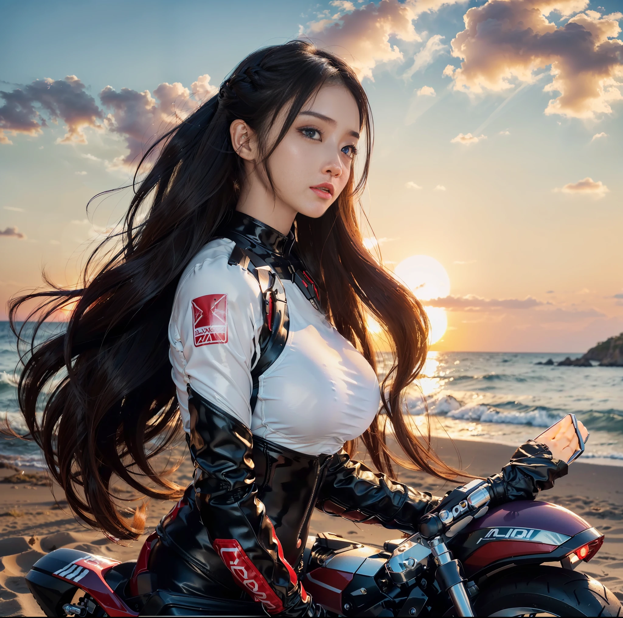 (top quality, masterpiece), 1girl, intricate details, (shading realistic lighting), huge file size, high resolution, elegant, realistic, (perfect anatomical depiction of the human body), teenage girl is stopping her motorcycle on the beach at dark sunset and looking somewhere, serious expression, the girl has whitening skin blue eyes and partially braided long hair is a brunette Japan, japanese, (the girl has very big), (the girl has super big), (the girl has a thin waist), (the girl has thin thighs), (the girl has a baby face), ((the girl wears a white bodysuit with smooth thin fabric)). (The girl's bodysuit has very cramped breasts), (The girl's white bodysuit has crimson lines on the outside of her limbs), (The girl wears a white bodysuit, red-white boots and gloves so she can't see any skin except her face), (The girl's bodysuit crushes her large breasts and spreads to the side), (Beautiful big blue eyes), (Thin and clear double eyelid lines in the eyes), ( Tear bags with glossy, plump and bright tones under the eyes), (pale blue iris), (some highlights on the iris and pupil), (red representation of the conjunctiva), (long eyelashes that are well visible), (taut swimsuit with super big), (skin and hair glistening in the setting sun from behind), (hair fluttering heavily in the strong sea breeze and shimmering in the backlight of the setting sun). ((The girl is standing in front of the motorcycle and looking into the distance)) , ((Shot showing the whole body of the girl, the motorcycle, the sea and the sunset)), The motorcycle is a one-light naikit type, holding a black helmet in one hand, behind the sun that seems to be visible on the horizon is dyed crimson, the sky has a gradient to a dark purple that is so dark that it moves away from the crimson of the horizon, a very dark scene that is almost night, strong contrast between light and shadow, perfect hands, nice hands, mirage farina,