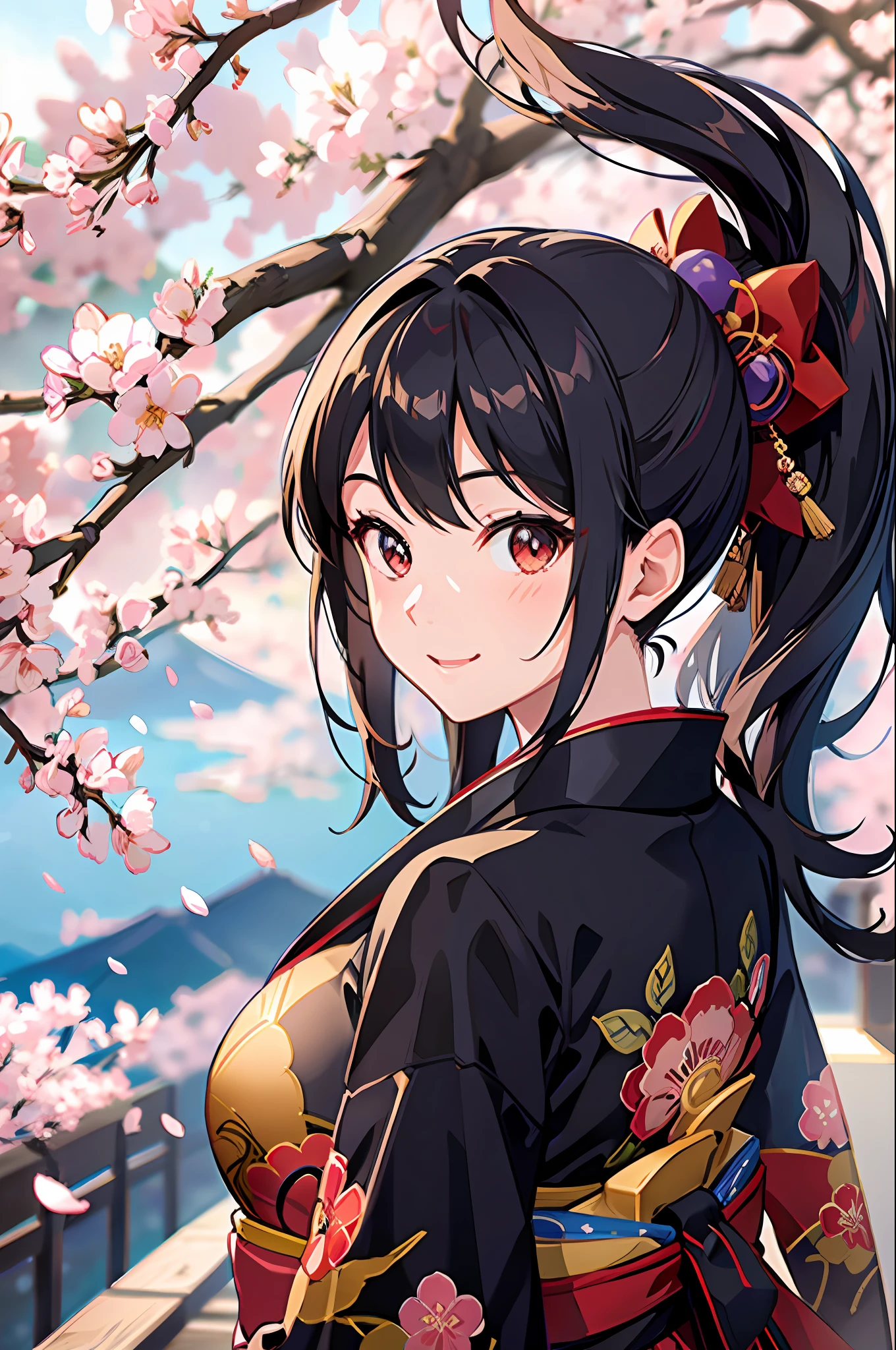 masterpiece, Hi-Res, Top Quality, One Girl Solo, Smile, Kimono, Masterpiece,Super High Quality, Ultra Detail,Perfect Drawing,CG,3D,8k,Illustration,Beautiful Face Girl,One Beautiful Girl, Samurai Costume, Black Hair, Ponytail, Big Red Ribbon, Kimono, Obi Katana, Tati, Wakizashi, Double Point, Hakama, Dignified Look, Cute Smile, Big, Round Cute Butt, Turn Around with a Smile, Ass Sticking Out Pose, Cherry blossoms and Mt. Fuji in the background