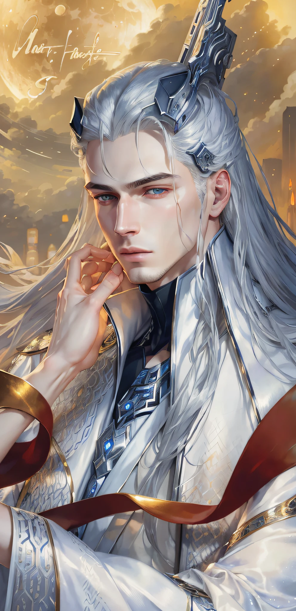 masterpiece, highest quality, (solo focus), (perfect face:1.1), (high detail:1.1),dramatic, 1guy, (pale skin), long white hair, white eyes, [light eyebrows], solo, long hair, moon, night, white luxury suit, covered navel, pouty lips, covered, futuristic city, detailed background, art by artgerm and greg rutkowski,  cinematic lighting,