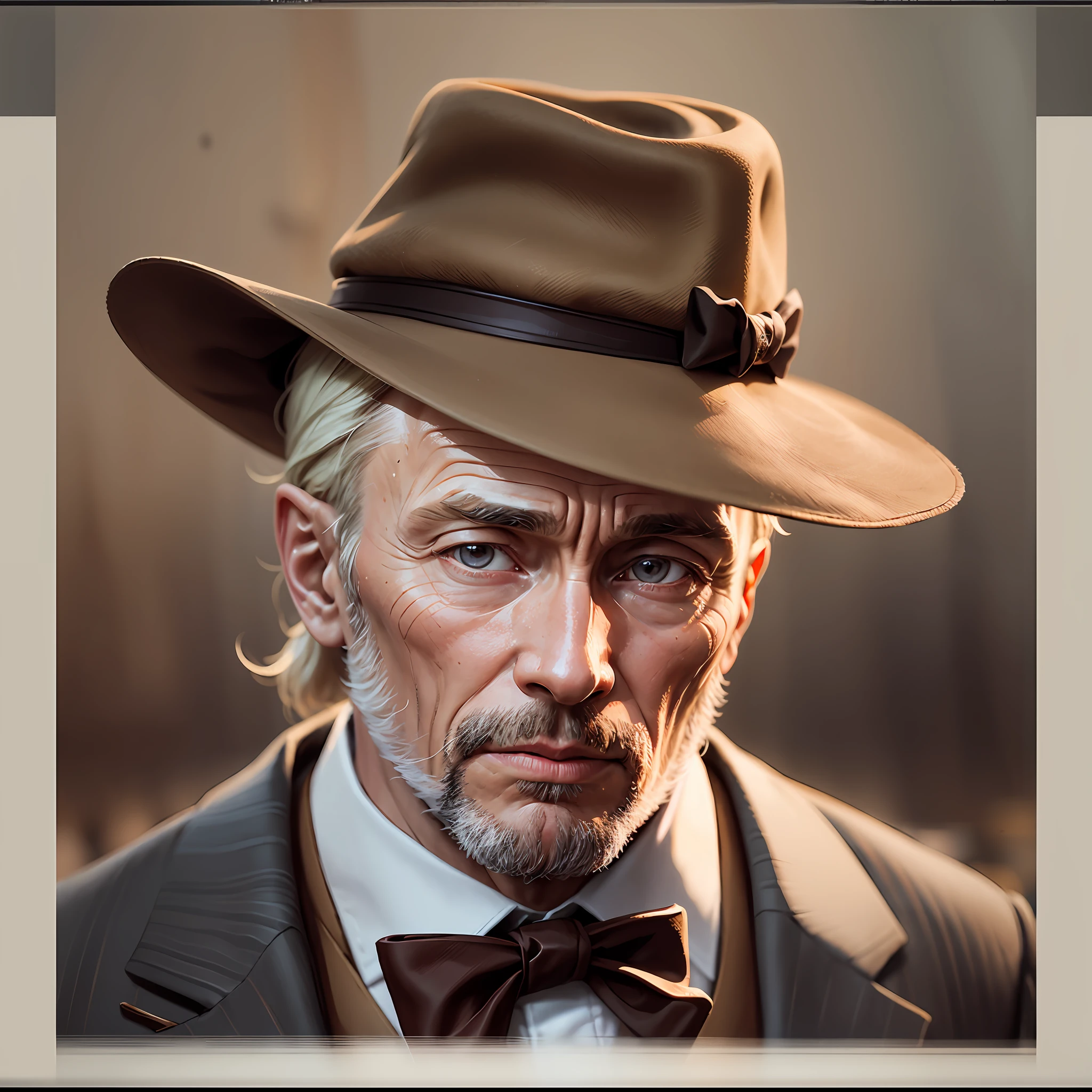 Putin, brown wool suit with bow tie and soft brown hat, (standing), (still frame of film)), ((close-up)), color film, complex things around, intricate background, ((((film grain)))), very detailed, 8k UHD, (((detailed skin))), film