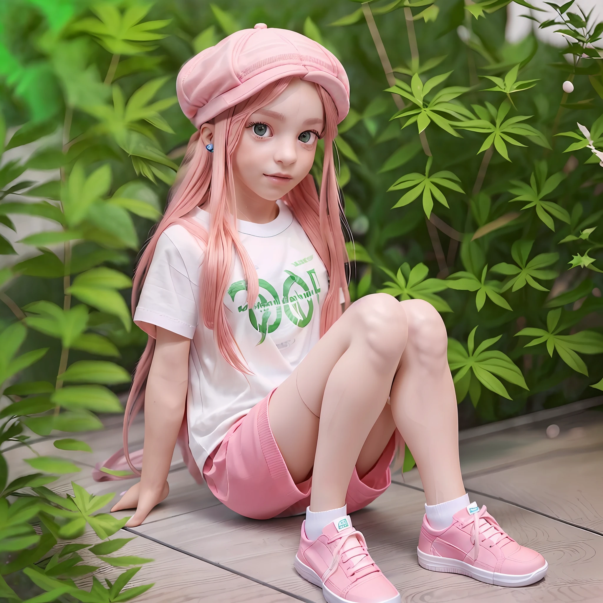 child, pink hair, long hair, green eyes, pink hat, white t-shirt, pink skirt, pink sneaker, white socks with green stripes, alta qualidade, (photorealistic:1.8), irreal_engine, fotografia, realistic_skin_texture, fotorrealista --auto --s2