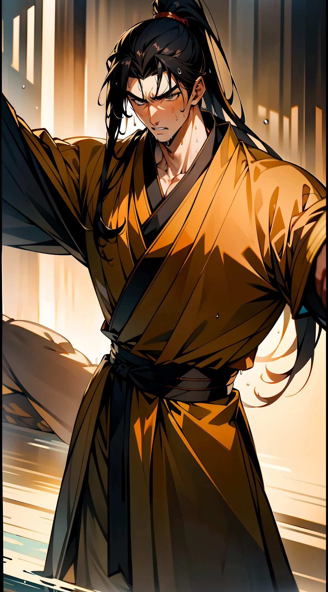 Two-dimensional, anime style, man (male warrior), muscle, correct proportions, face details, martial arts, high ponytail hairstyle, sweating, sweaty face, drooling, neck details, with Adam's apple, wet, wet, Hanfu costume, long robe, embroidered robe, dragon robe, clothing details, collar, long sleeves, game quality, swordsman demeanor, light and shadow tracing, ray tracing, detail glow, CG rendering, hair details, long black hair, golden eyes, sweaty face, handsome, handsome, sweat beads slipping down the neck, (juvenile feeling), complex clothing, wet, wet, perfect composition, refinement, high quality, more details, a lot of details, complex background, atmosphere,
