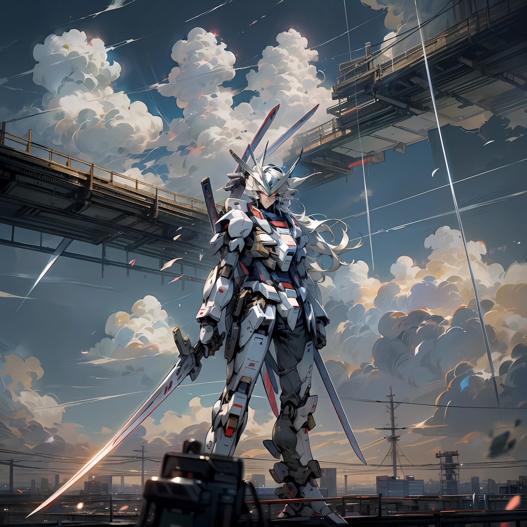 sky, clouds, holding_weapon, no_humans, 1machine, camera gaze, gundam, (with Japan sword: 1.3), dual-wielding, Japan city, lots of buildings, glowing_eyes, science fiction, (Japan buildings), urban, reality,