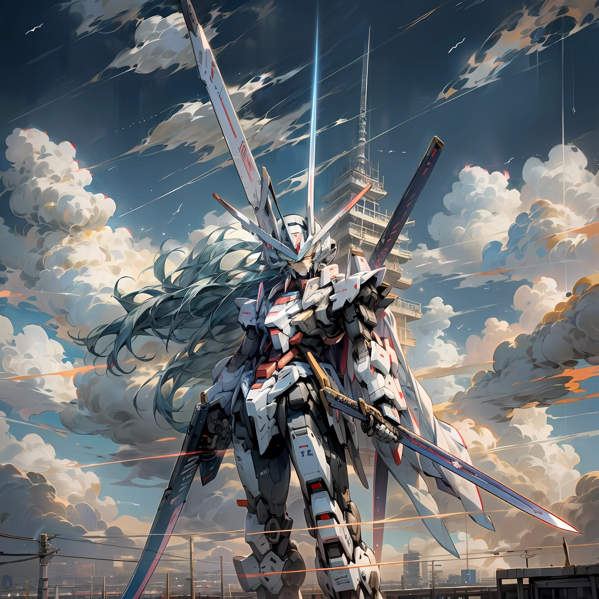 sky, clouds, holding_weapon, no_humans, 1machine, camera gaze, gundam, (with Japan sword: 1.3), dual-wielding, Japan city, lots of buildings, glowing_eyes, science fiction, (Japan buildings), urban, reality,