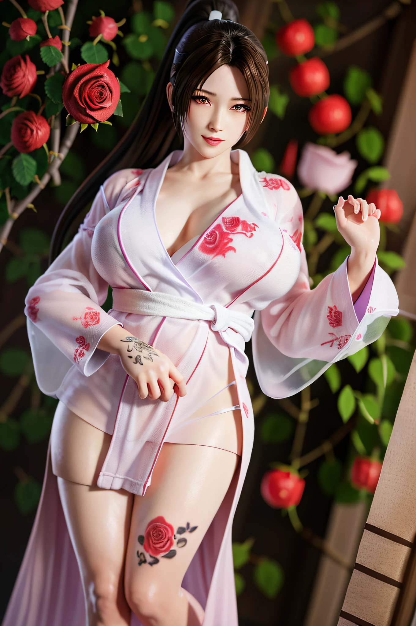 Aerial view,Full body, solo, MaiShiranui, Hands on breasts, (see-through Japanese bathrobe:1.5),  bangs, black hair, blunt bangs, ( gigantic breasts:1.4), lips, long hair, moles under the mouth, purple eyes, slightly dilated lips, smile, wet skin, Wet hair,  shame,Standing amidst the falling cherry blossoms,(rose_tattoos:1.5), (masterpiece: 1.4), (best quality: 1.4), real-life portrait photography, looking at the viewer,Center,