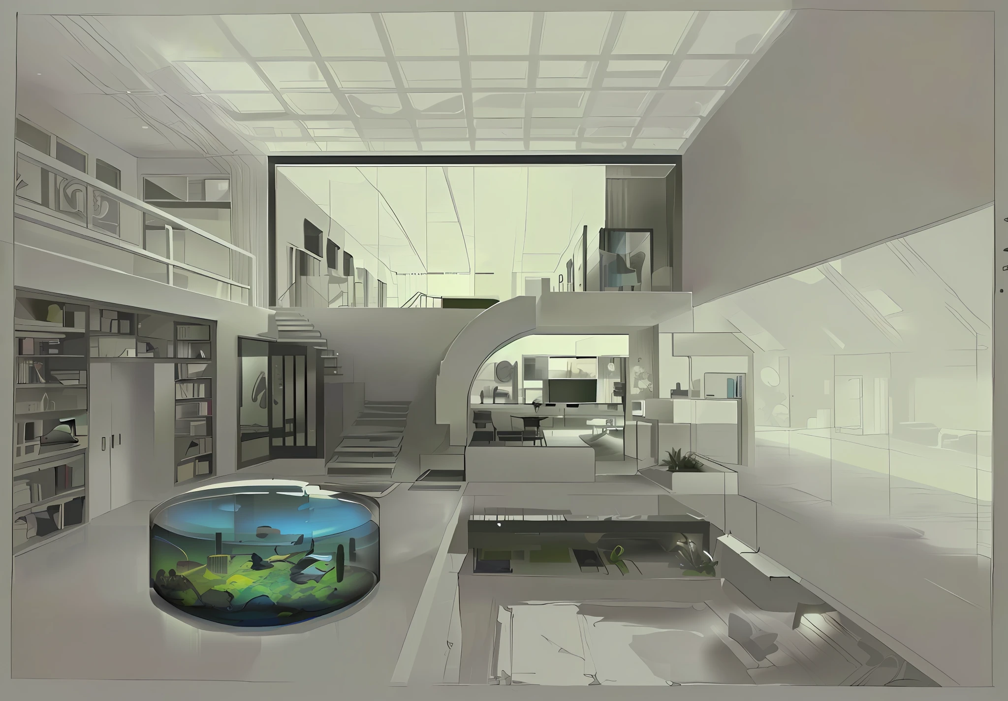 there is a fish tank in the middle of a room with a staircase, concept house, realistic concept, concept art. 8 k, architecture render, architectural render, architecture visualisation, architectural visualisation, architectural concept, futuristic house, conceptual rendering, architecture concept, realistic architecture, architecture render ”, architectural concepts, in style of 3d render, a photorealistic rendering