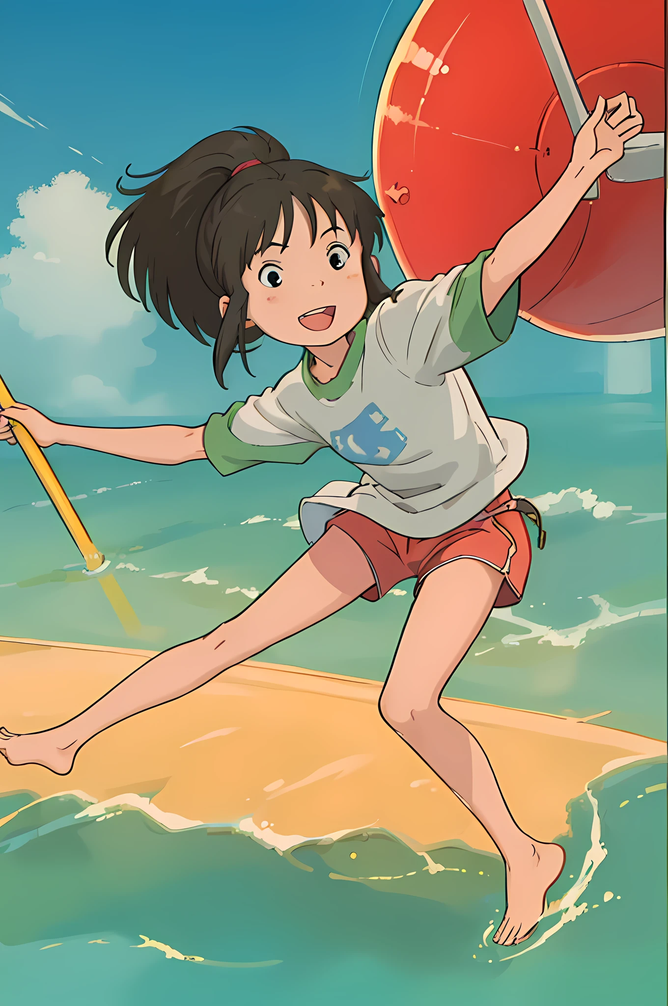 (masterpiece:1.4), (best qualit:1.4), (high resolution:1.4), ogino chihiro, smile, ponytail, long arm shirt, red shorts, barefoot, railroad tracks, balancing, outstretched arms,  water ,colorful, high contrast